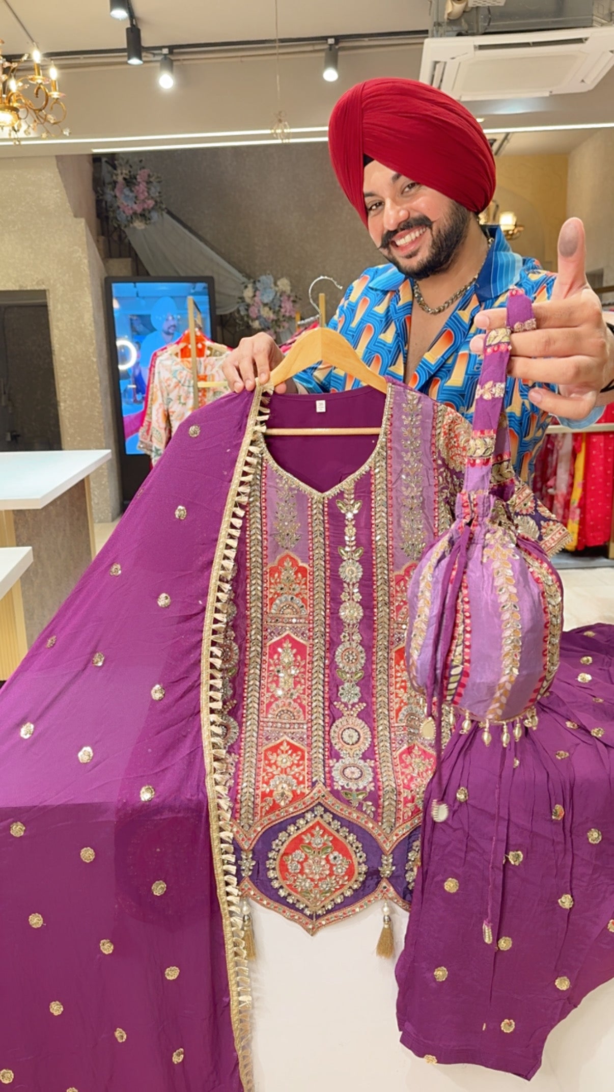Purple Heavy Hand Embroidered Crepe Designer Salwar Suit with Beautiful Duppata & Potli