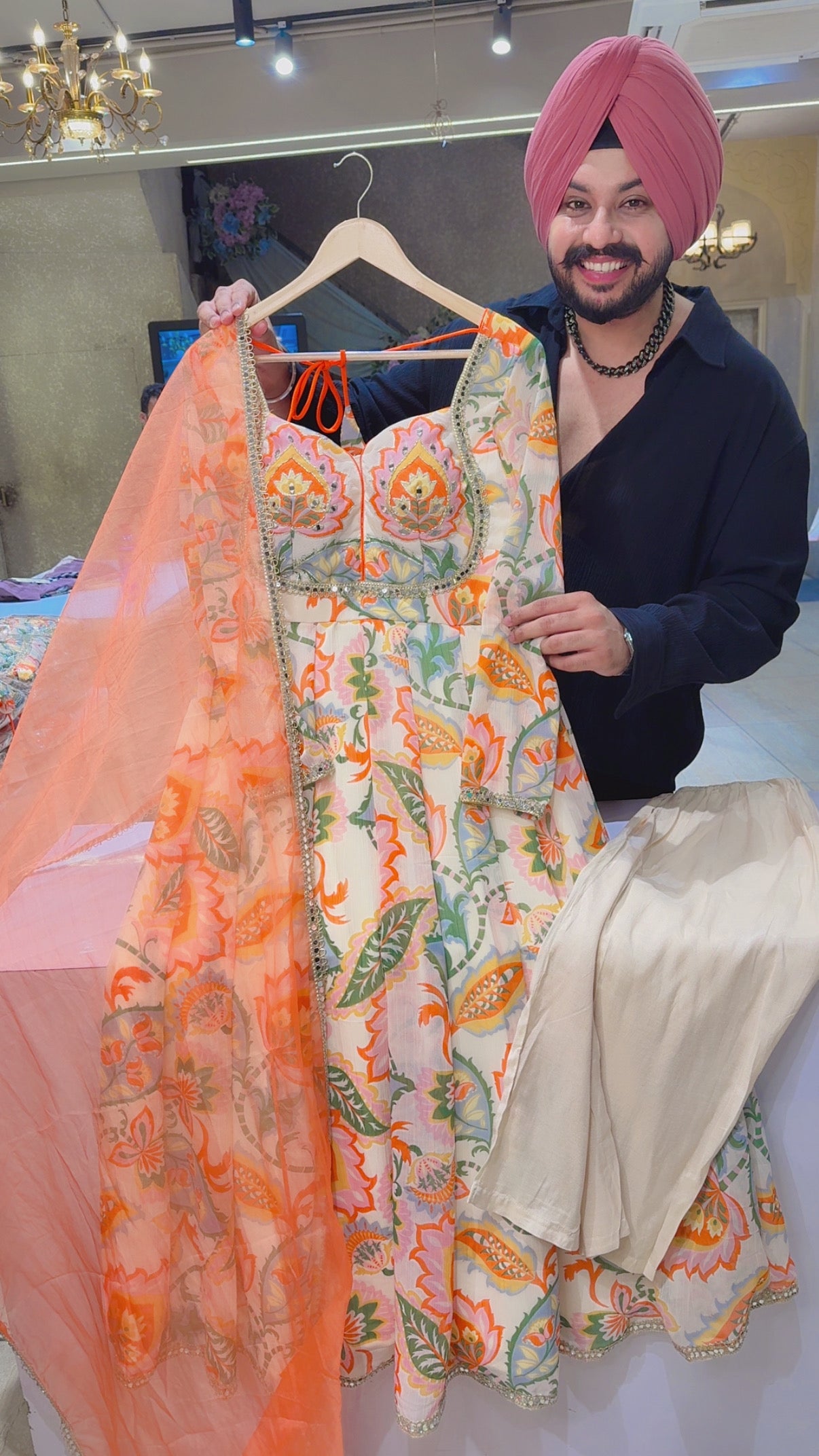 Orange & Light Beige Chiffon Mirror work Padded Semi Backless Anarkali suit