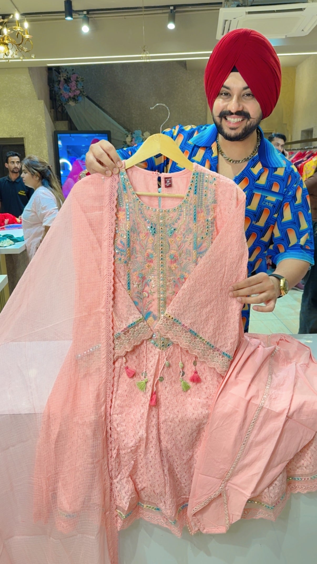 Light Peachish Pink Cotton Heavy Embroidered & Crochet Lace Paplum Indowestern Suit with Stylish Tulip pants