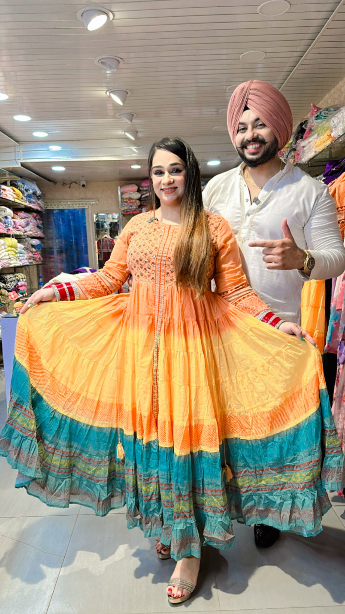 Peach Multicolored Mal Cotton Full Flair Anarkali Gown