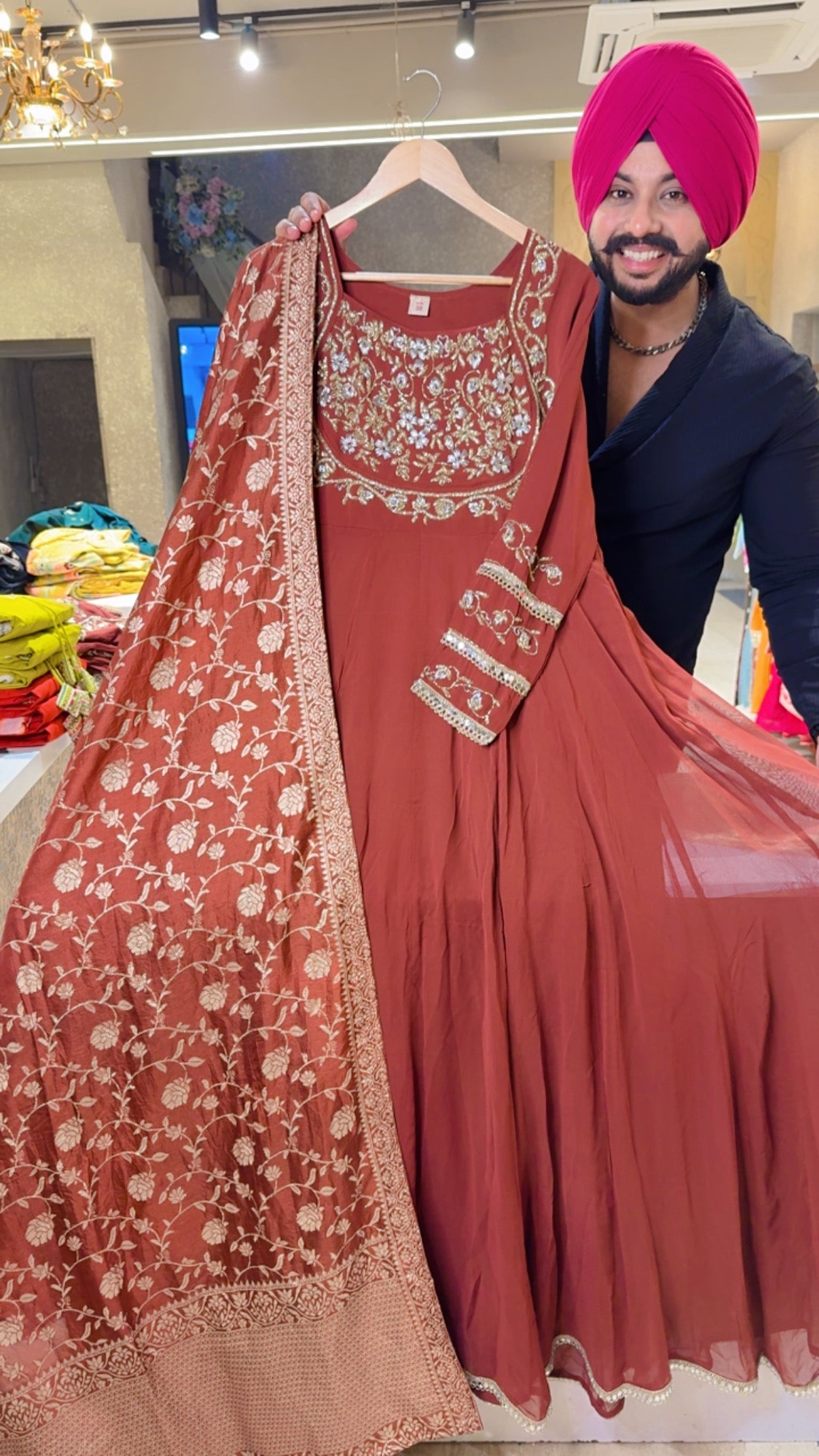 Rust Georgette Party Wear Hand Embroidered Designer Neck Anarkali Gown with Beautiful Banarasi look Duppata