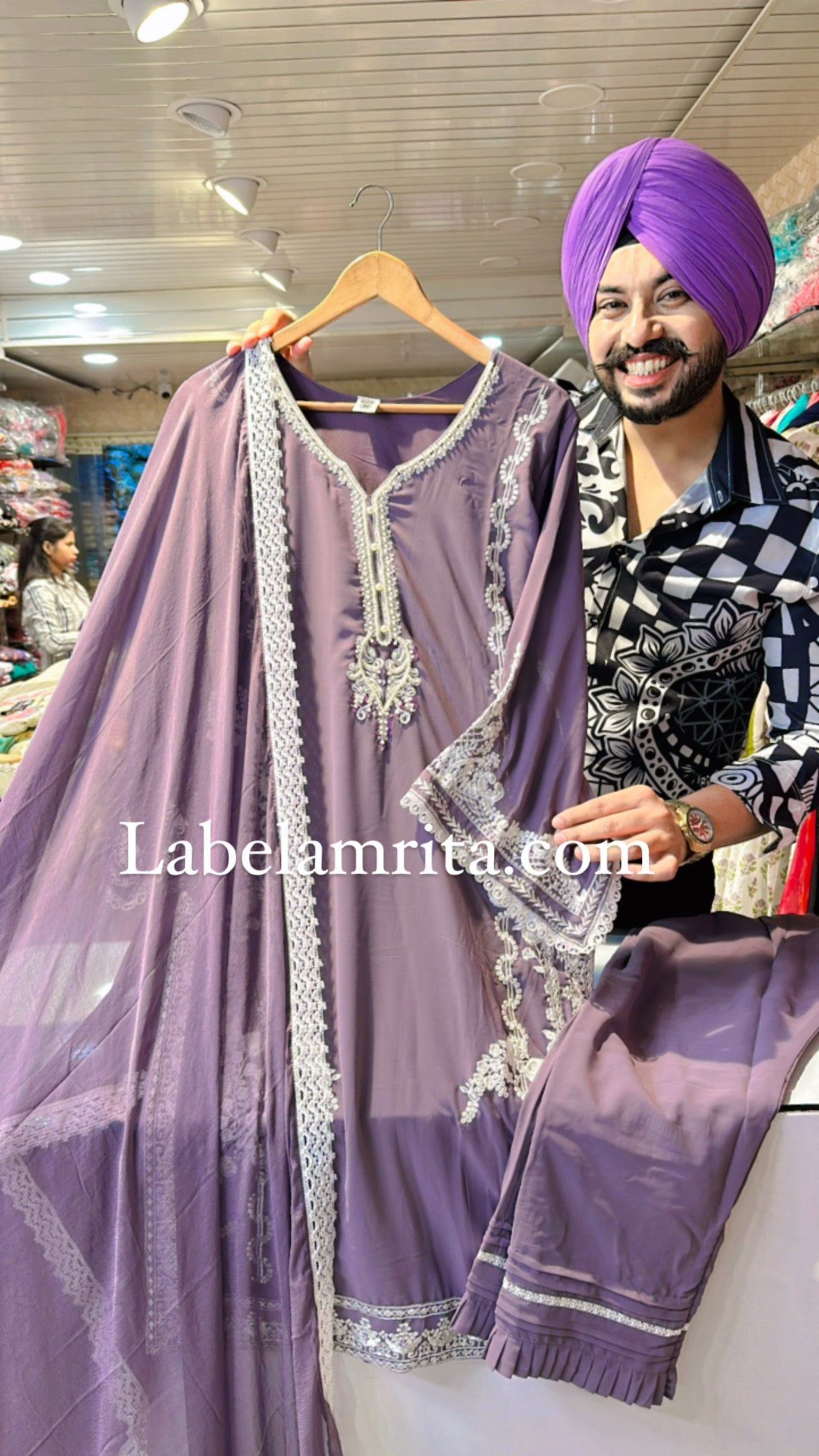 Deep Lavender Georgette Kashmiri suit with Pearl Handwork