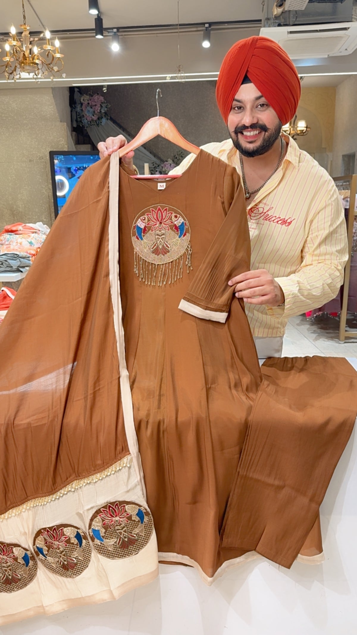 English Brown Mal Chanderi Hand embroidered Light Partywear Anarkali suit