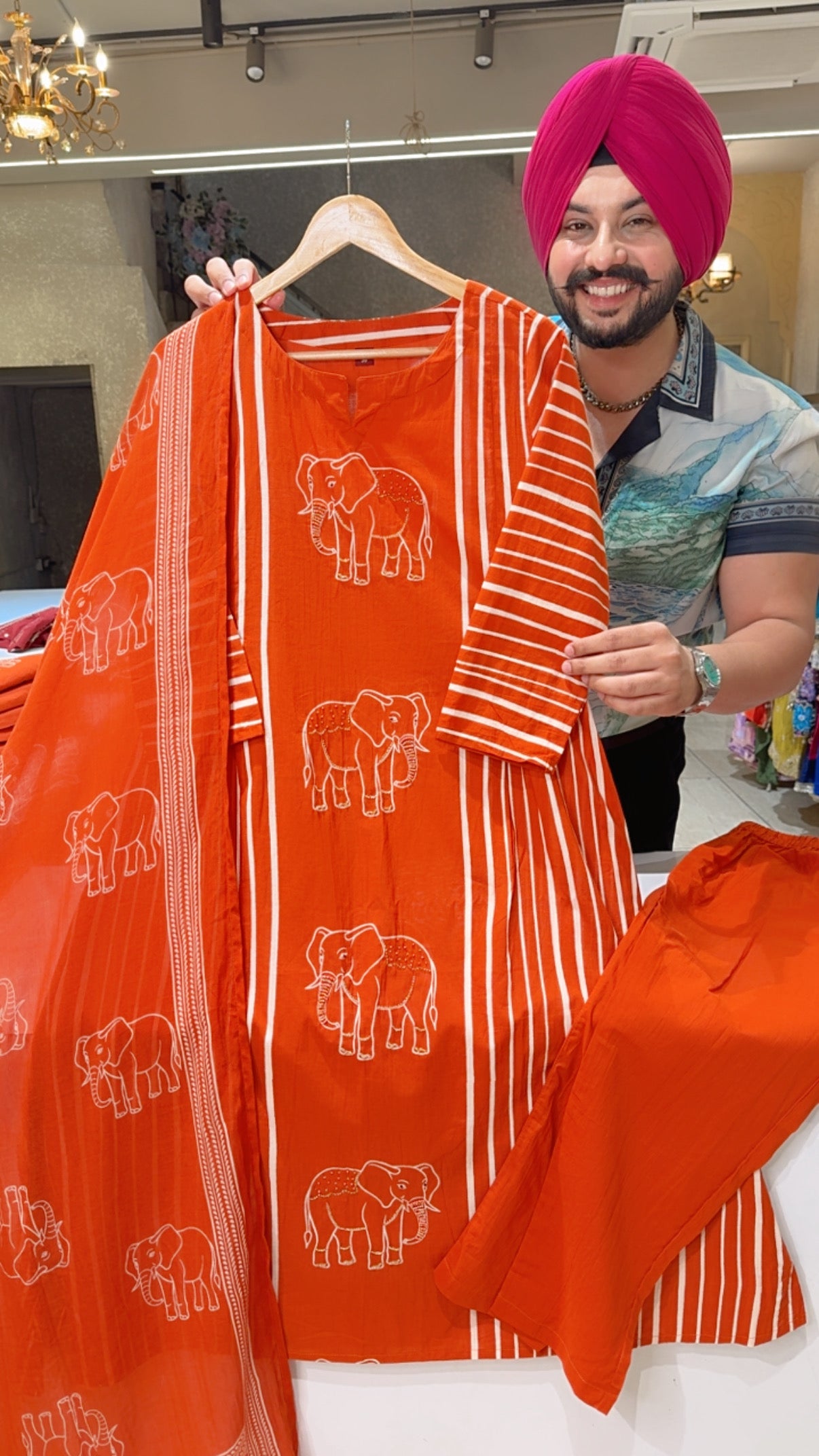 Orange Soft Cotton A-line Elephant Print Hand Embroidered Indowestern Suit