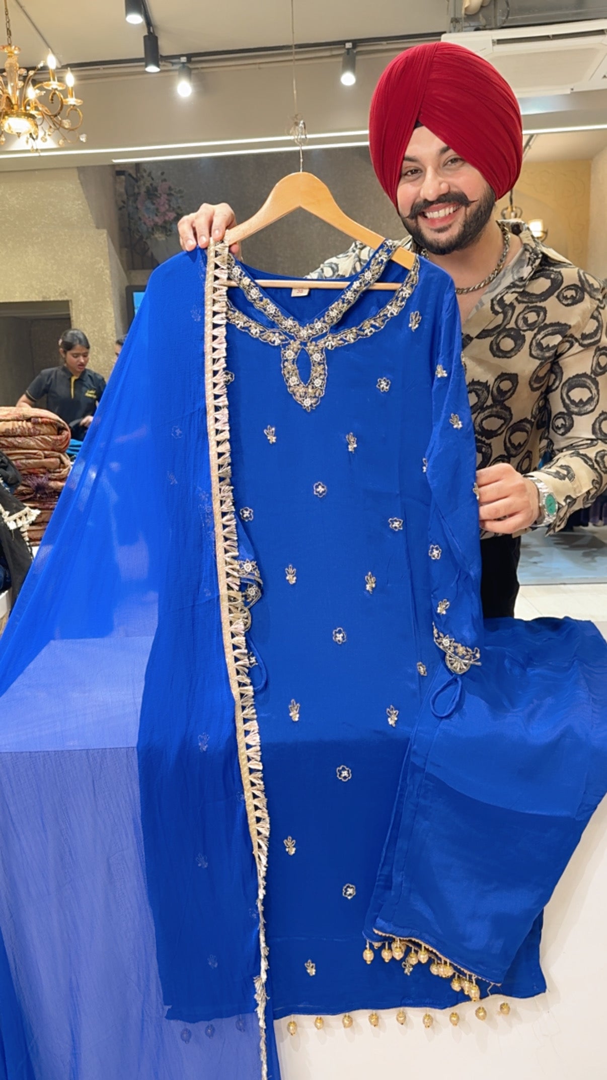 Royal Blue Chinon Heavy Handwork Designer Neck & Ring Straight suit with Beautiful Duppata