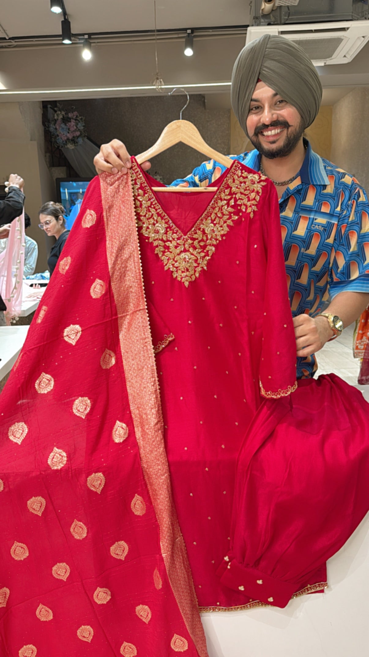 Rani pink Chinon Heavy hand embroidered pathani Salwar suit with Banarasi look Duppata