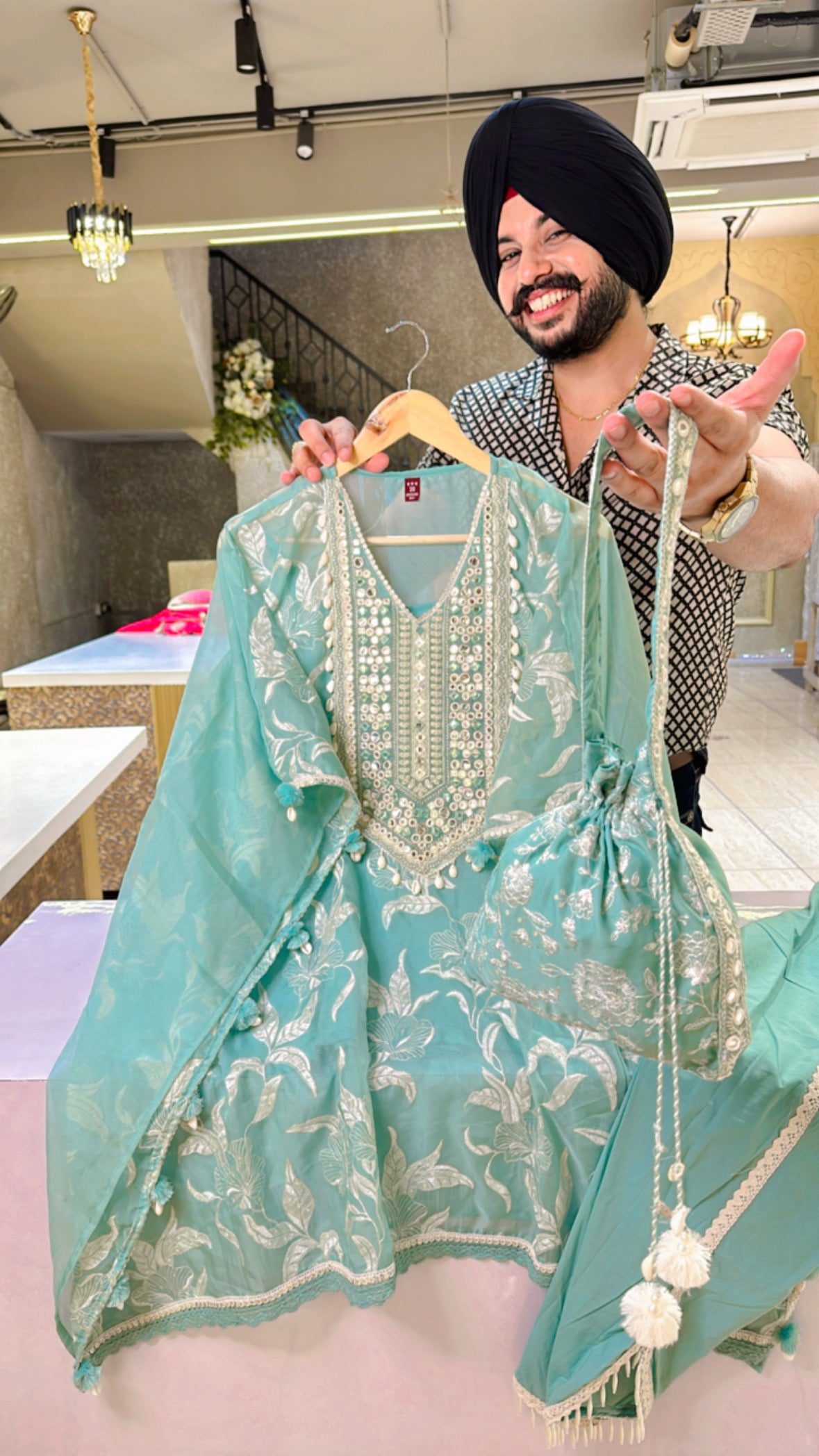 Sea green organza Fully embroidered Kaftan Coord set with tulip pants & cute Potli