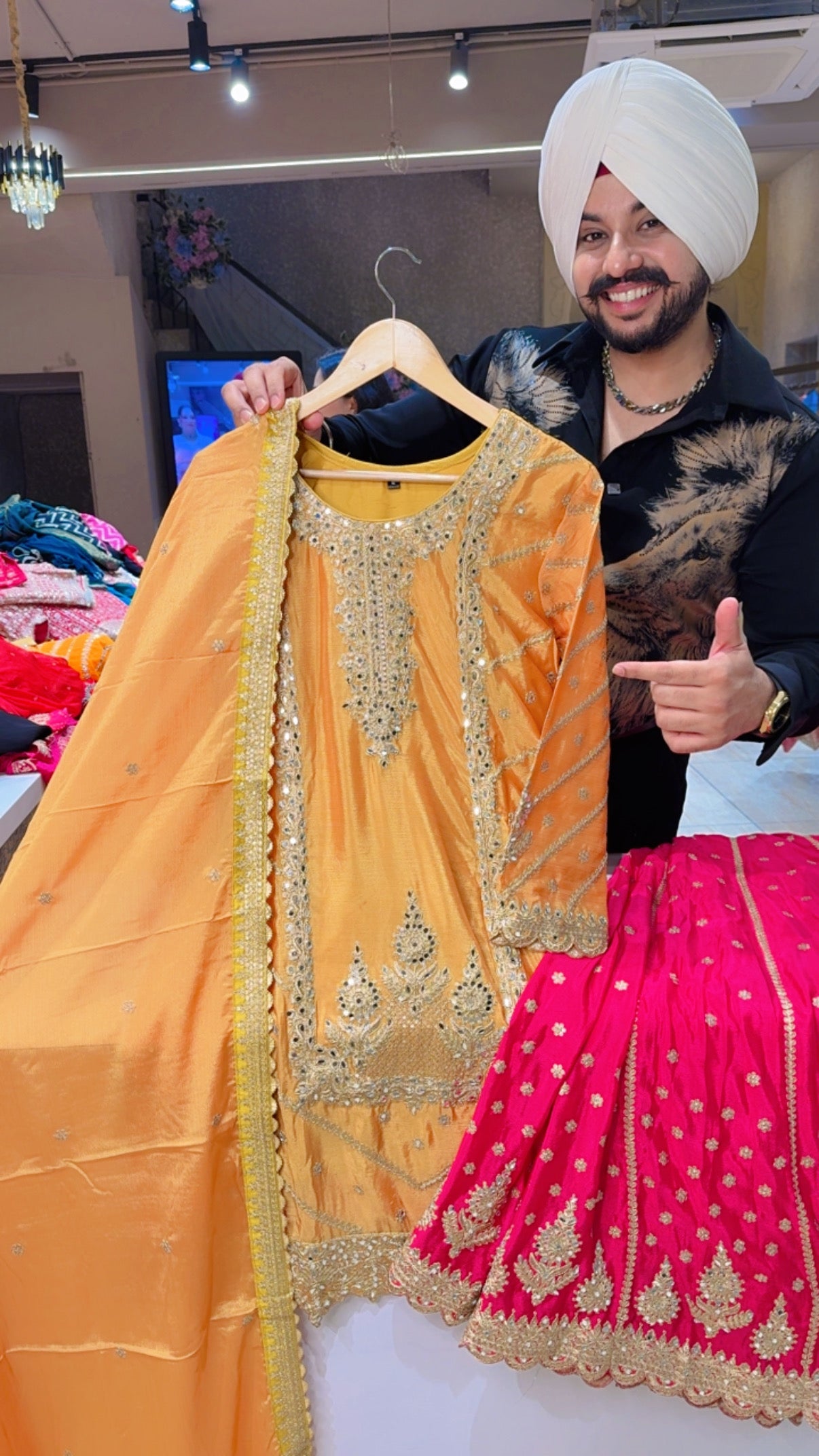 Yellow & Hot Pink Chinon Heavy embroidered Full Flair Shirt Suit with Beautiful Duppata