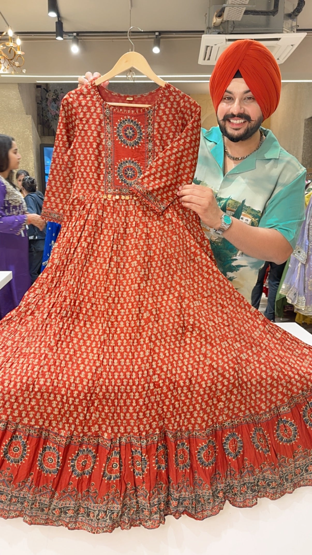 Rusty Maroon Pure Cotton Jaipuri Print Full Flair Indowestern Anarkali Dress with Sleek Embroidery Work on neck