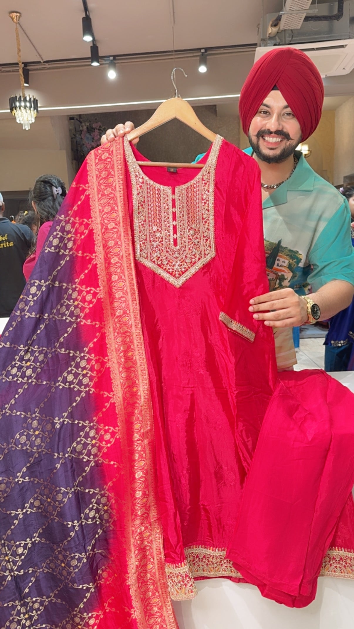Hot pink Viscose Crepe Embroidered A-line Anarkali suit with Beautiful Banarasi Look Duppata