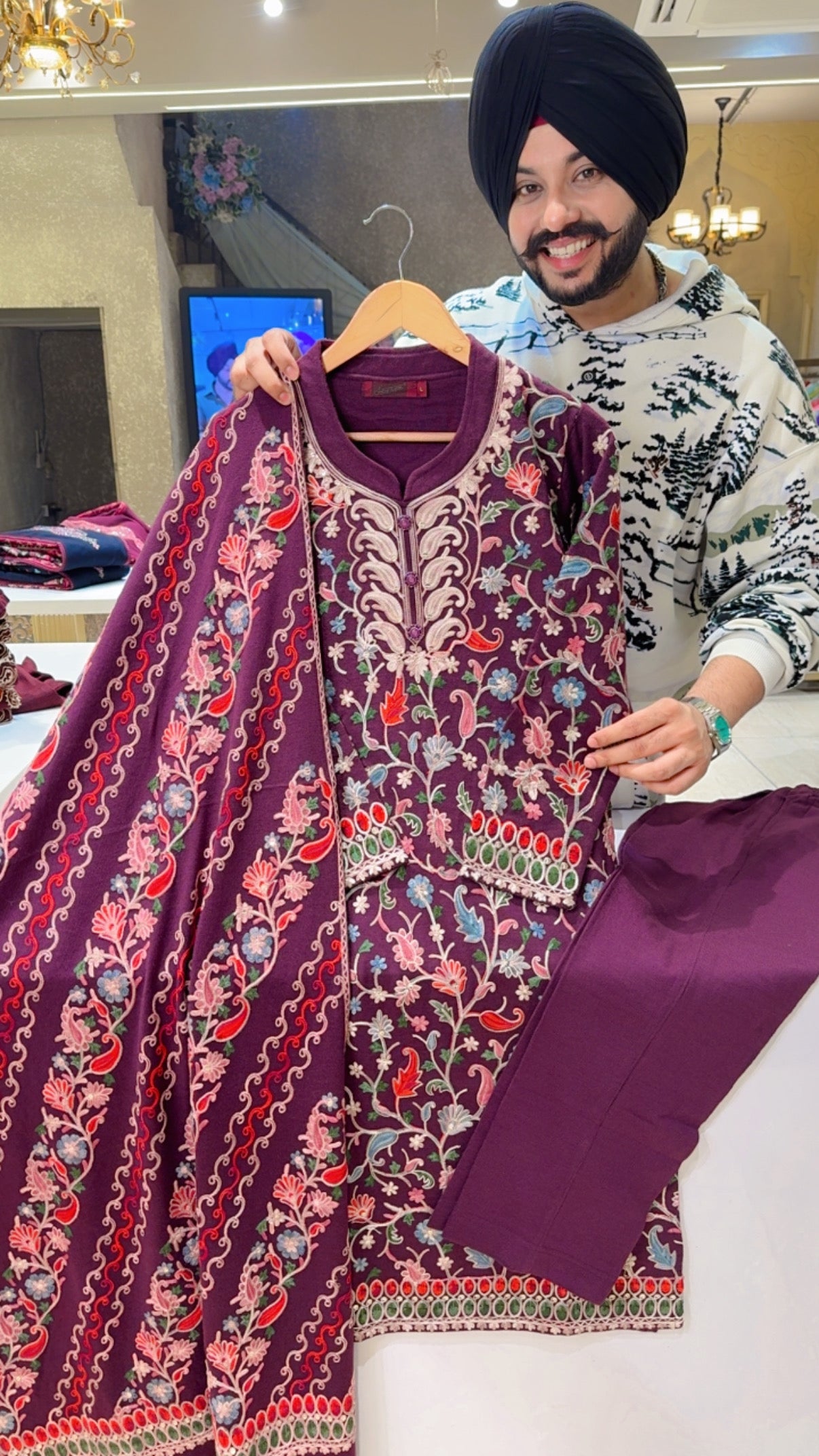 Wine Woolen Heavy Kashmiri Embroidered party Wear suit with Heavy woolen Duppata