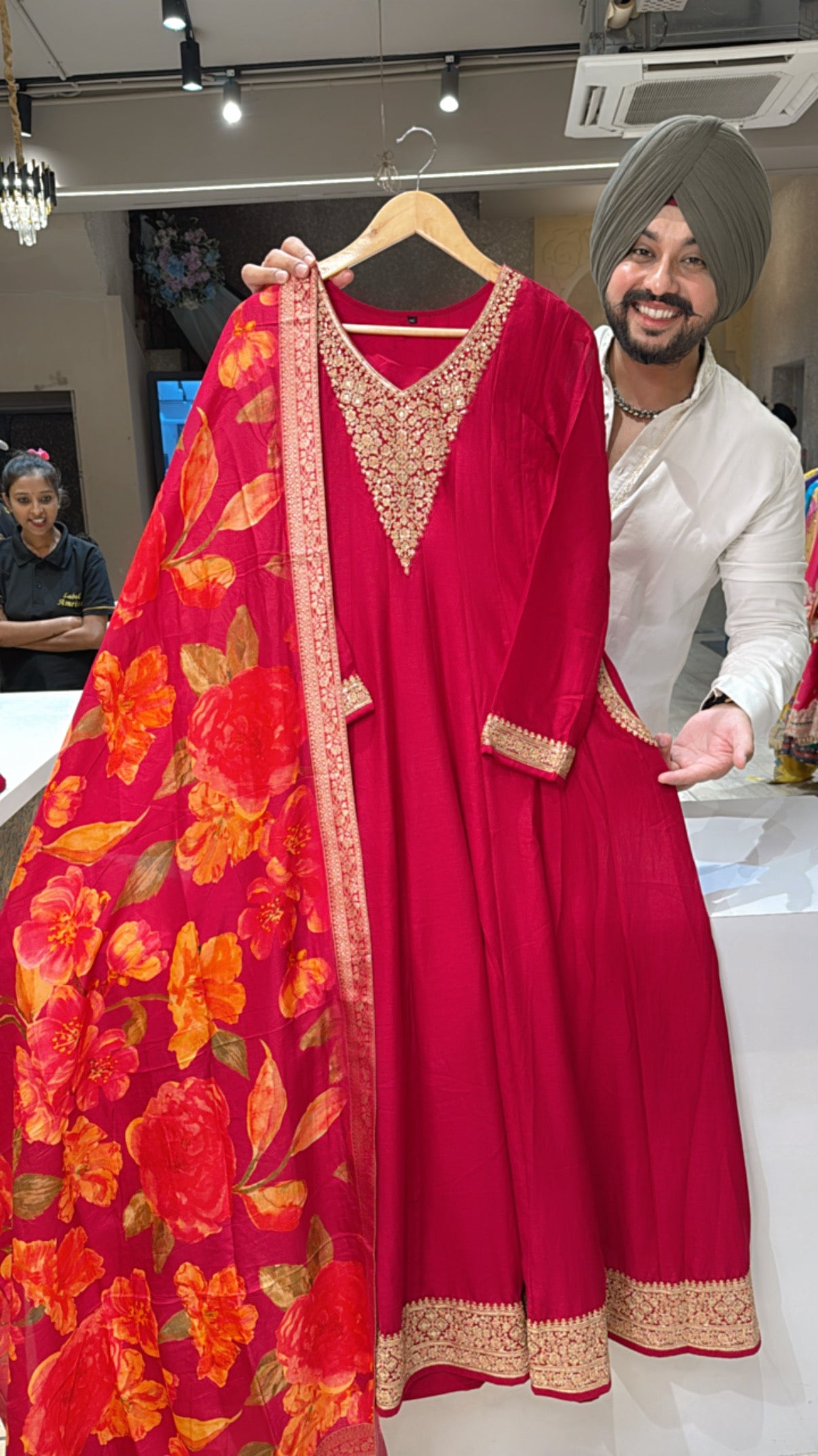 Rani Pink Premium Silk Embroidered Party Wear Anarkali Gown with Beautiful Floral print Solk Dupppata