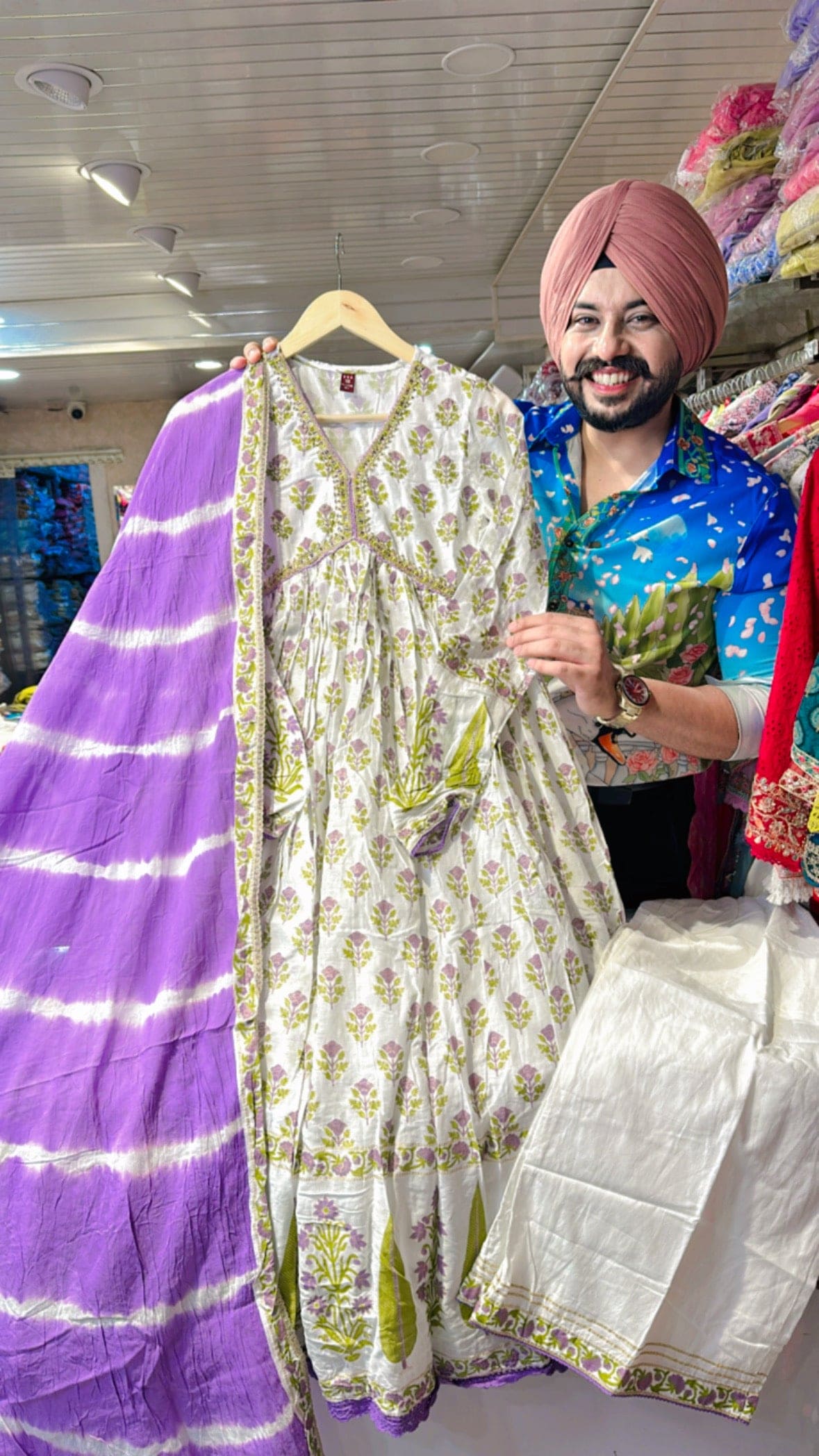 Moonwhite & purple Pure Mal Cotton Alia Anarkali suit with Beautiful Tie&Dye Duppata