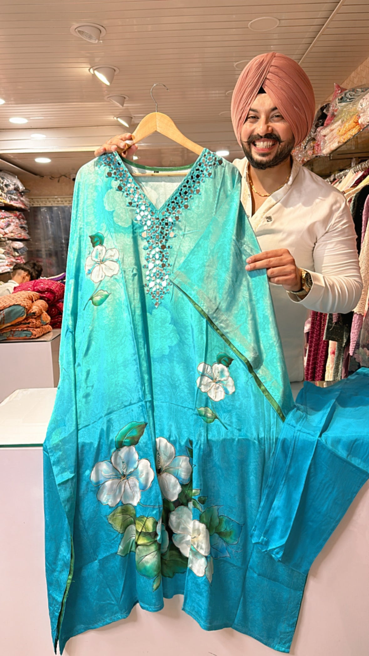 Sea blue Viscose Crepe kaftan Coord set with beautiful mirror work on neck