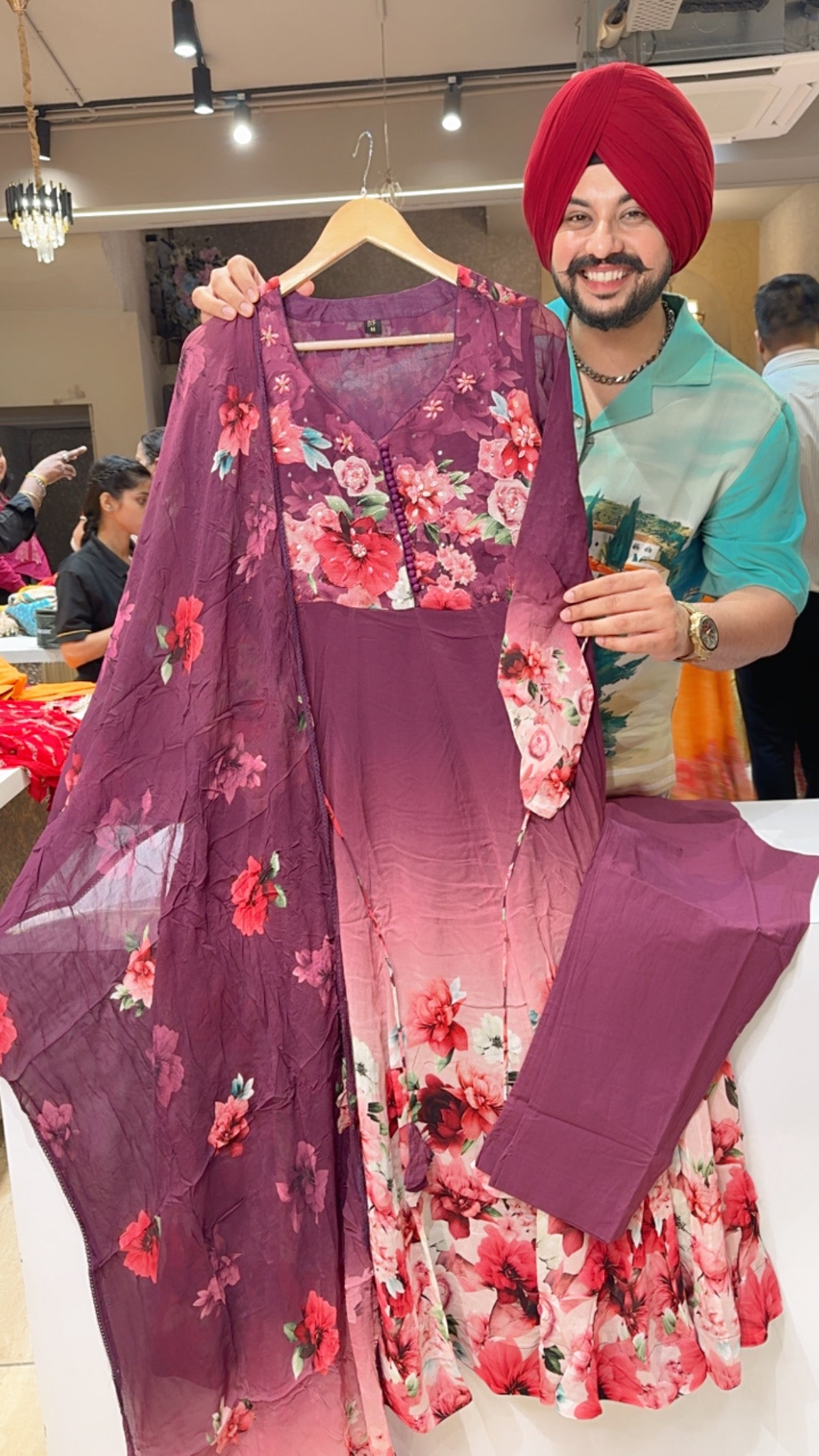 Wine Georgette Ombre & Floral Print Anarkali Suit With Hand embroidery Work on neck