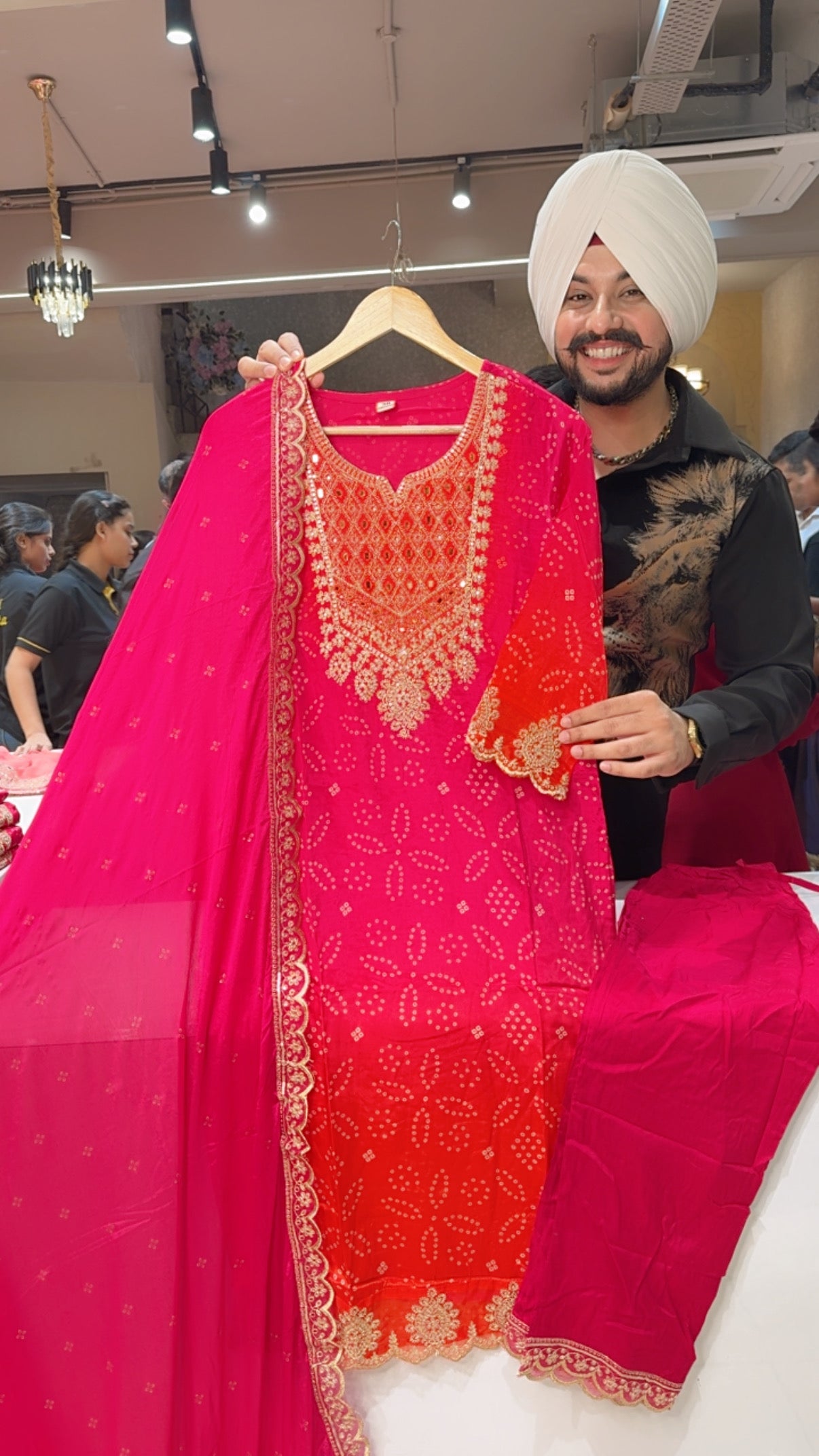 Hot Pink Viscose Crepe Bandhej print Heavy embroidered Straight Suit with Chinon Embroidered Duppata