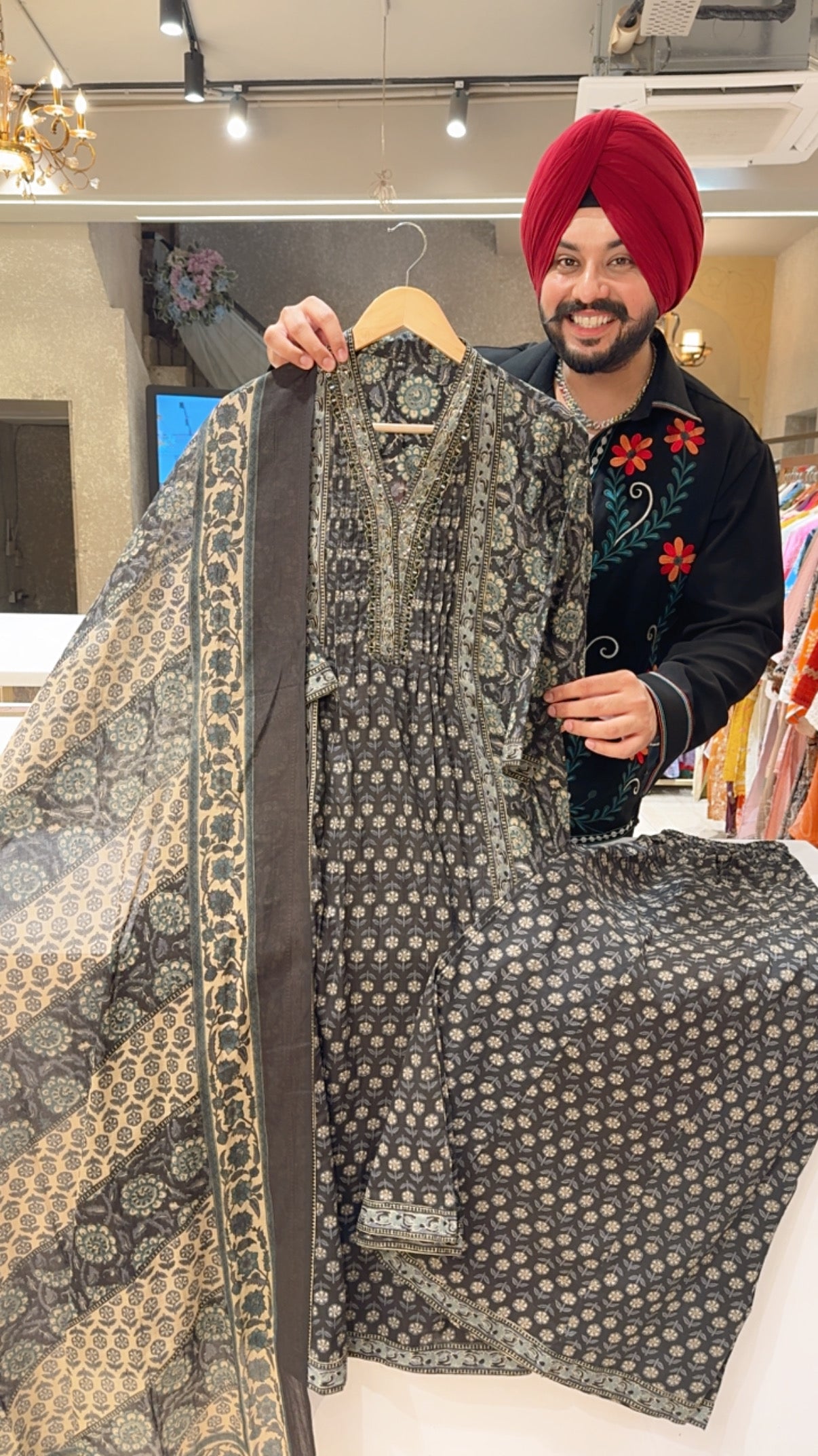 Greyish Black Pure Cotton A-line Plazo Suit with Beautiful Embroidery Work on neck