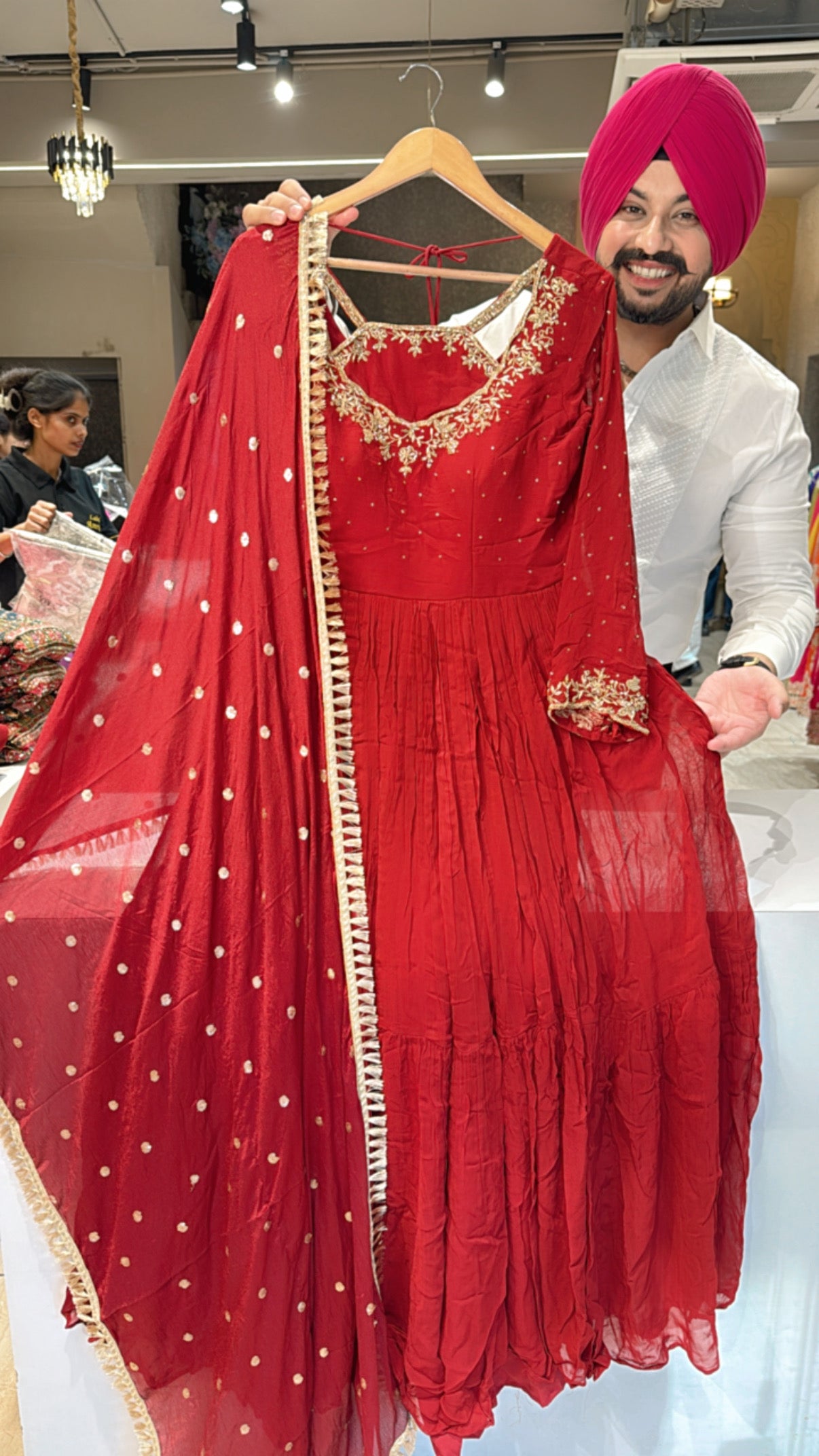 Reddish Maroon Georgette Designer Neck Hand embroidered Anarkali Gown With Chinon Sequins Work Duppata