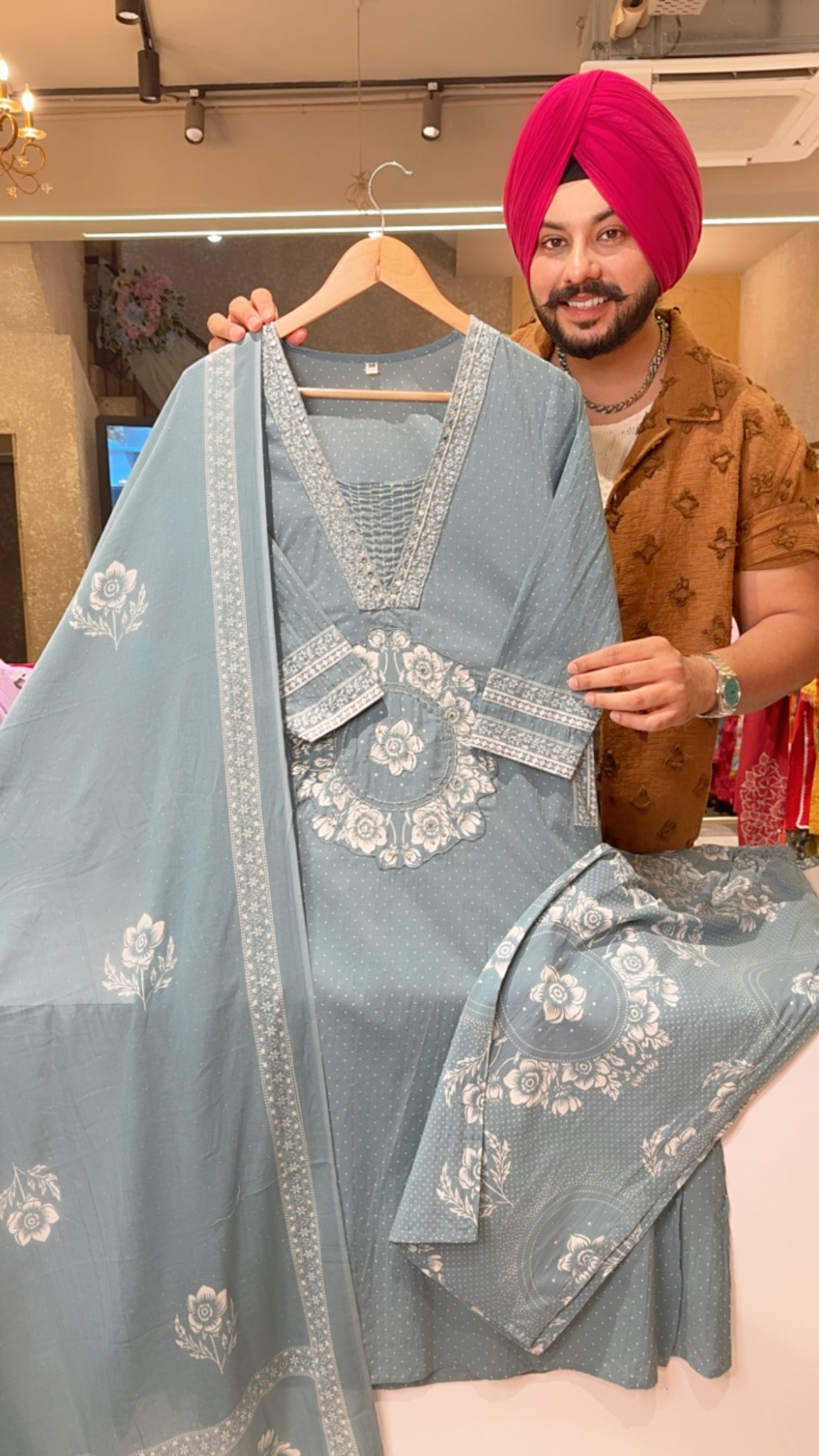 Greyish Blue Soft Cotton Embroidered Semiformal Straight Suit