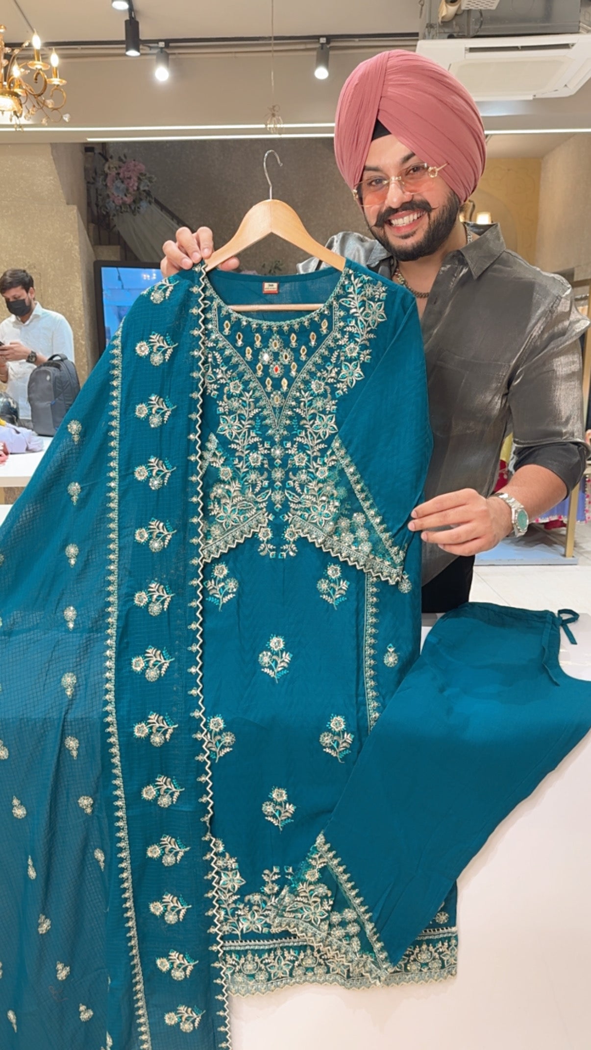 Dark Ramagreen Jaquard cotton Fully Embroidered Party Wear Suit with Embroidered Pants & Kota Doria Duppata