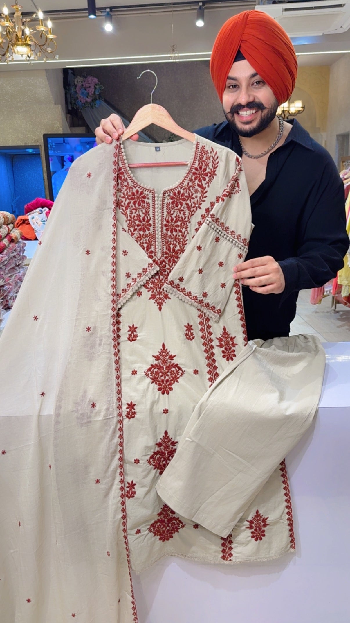 Greyish Beige & Maroon Cotton Embroidered Semi Formal Straight Suit