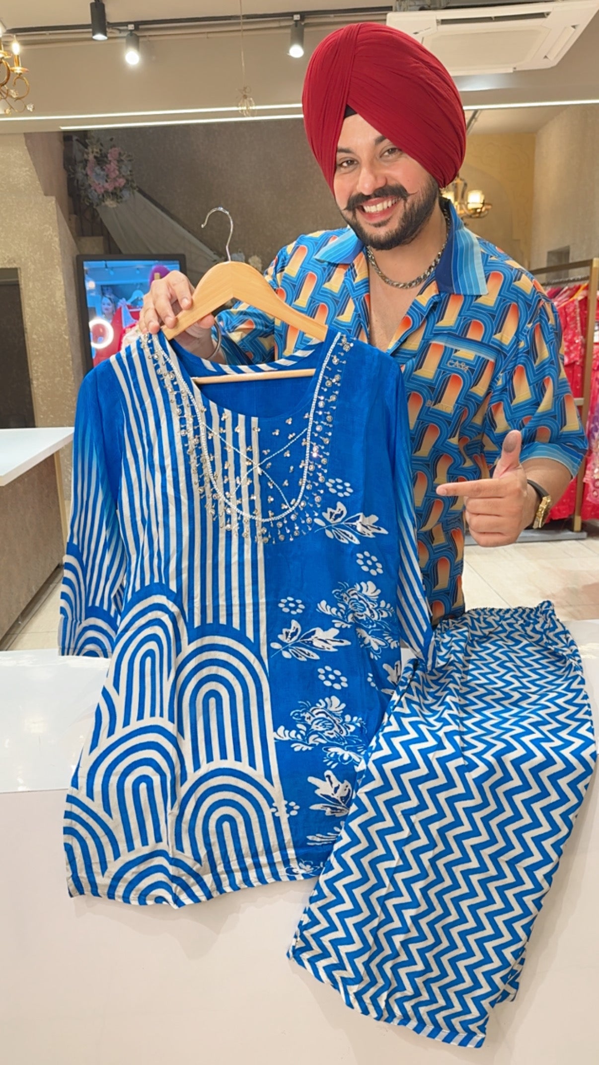 Royal Blue Crepe party Wear Coord set with Hand embroidery Work on neck