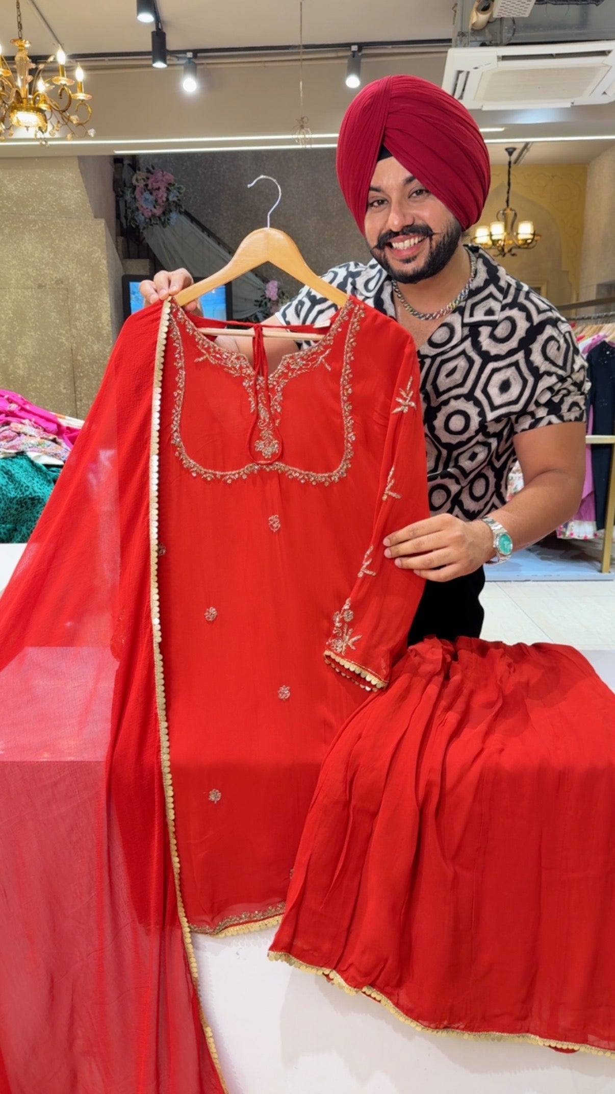 Red Georgette Hand embroidered Semi backless Sharara set