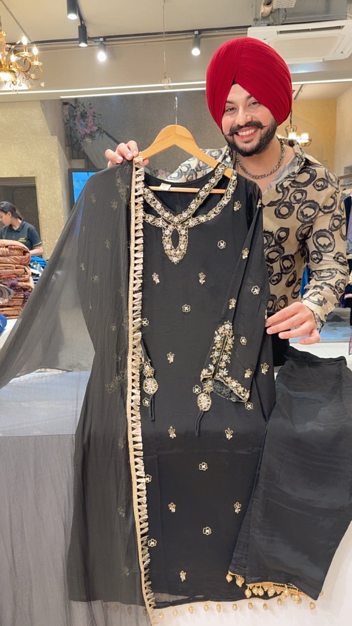 Black Chinon Heavy Handwork Designer Neck & Ring Straight suit with Beautiful Duppata