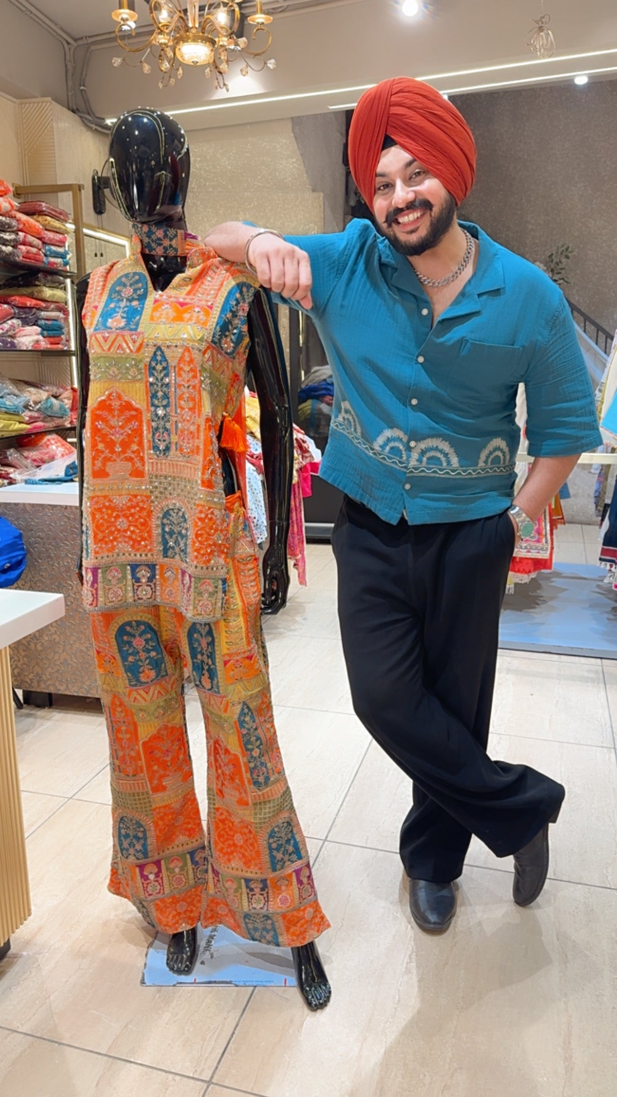 Orange Fully Front & Back Embroidered Broad High Slit Party Wear Bell Bottom Indo western Suit with Chokar Duppata