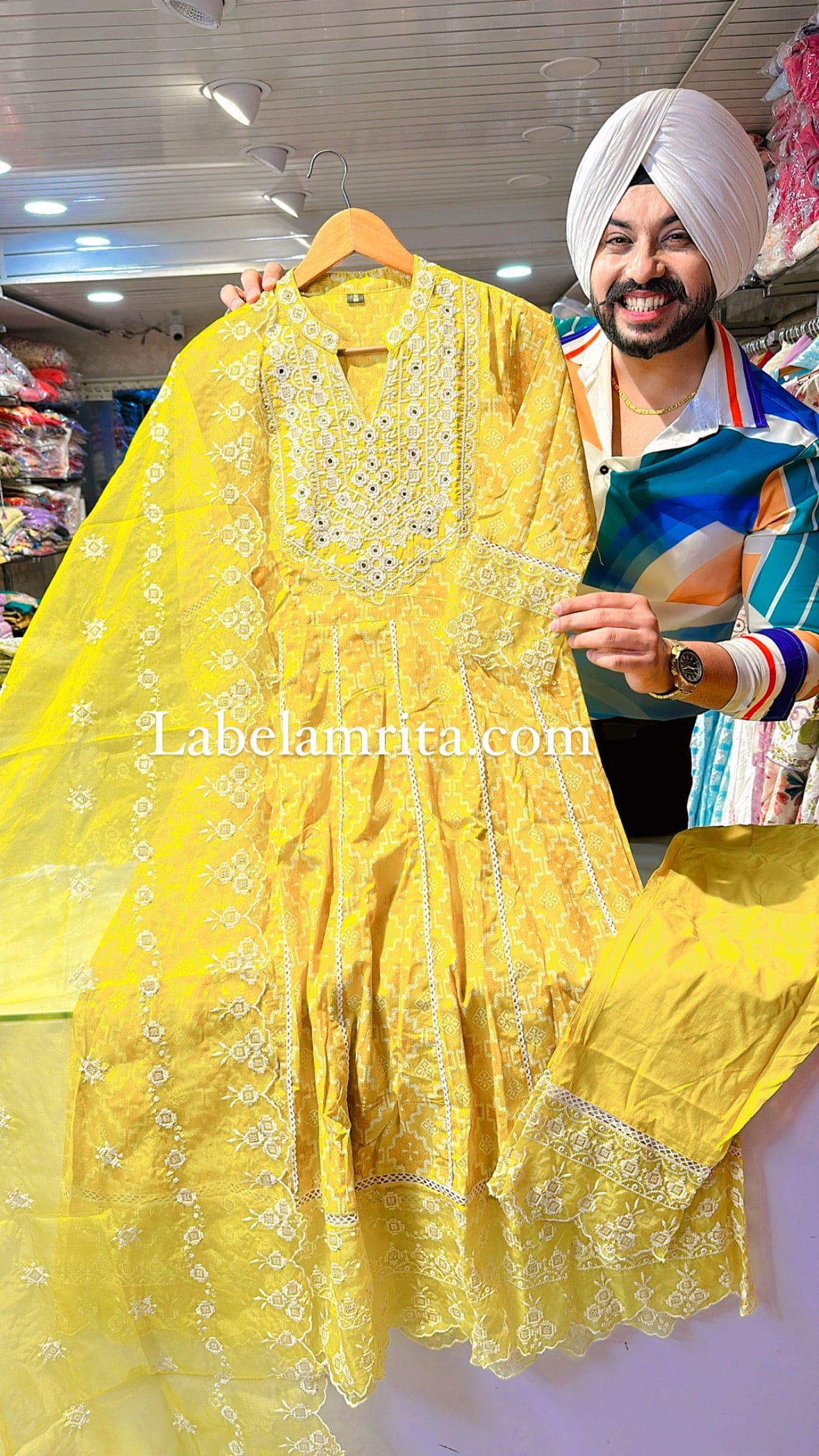 Yellow Pure Cotton Embroidered Anarkali suit with Beautiful Organza Duppata