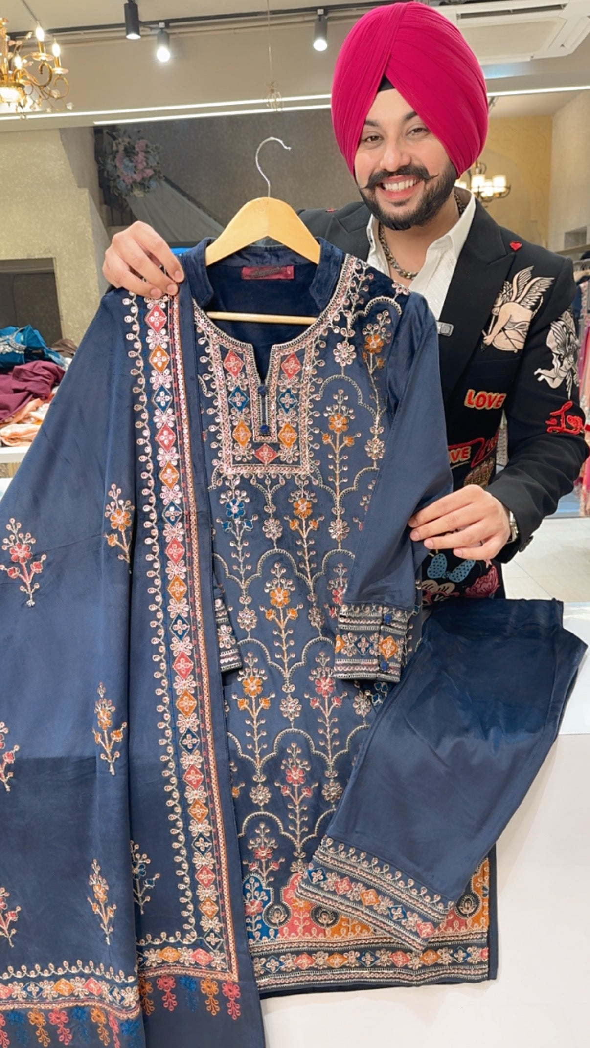 Dark Blue Premium Strechable velvet Heavy embroidered Party wear Straight Suit with Beautiful Duppata