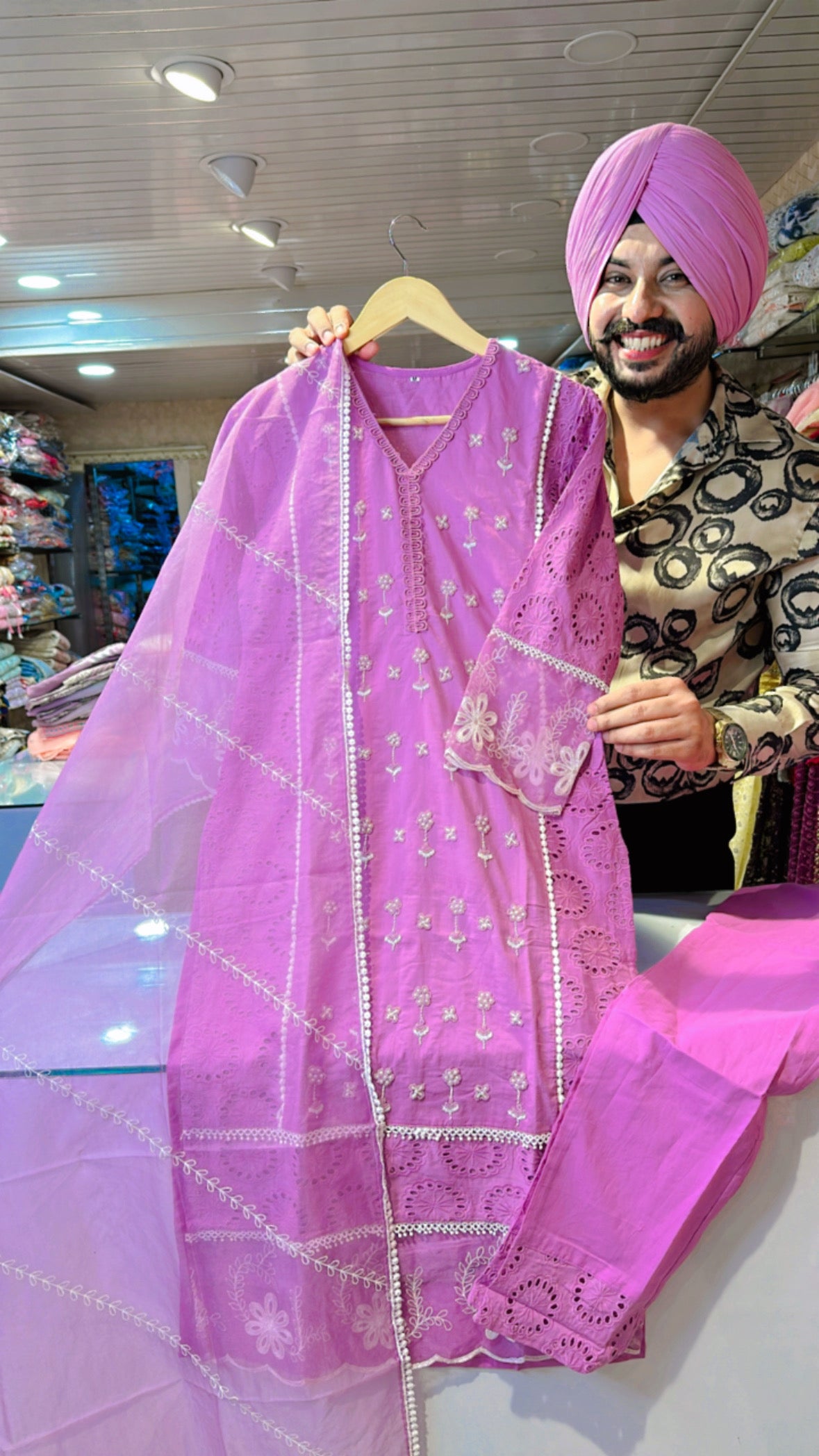 Lilac pure Cotton Fully Hand Embroidered Straight Suit with beautiful Organza Duppata