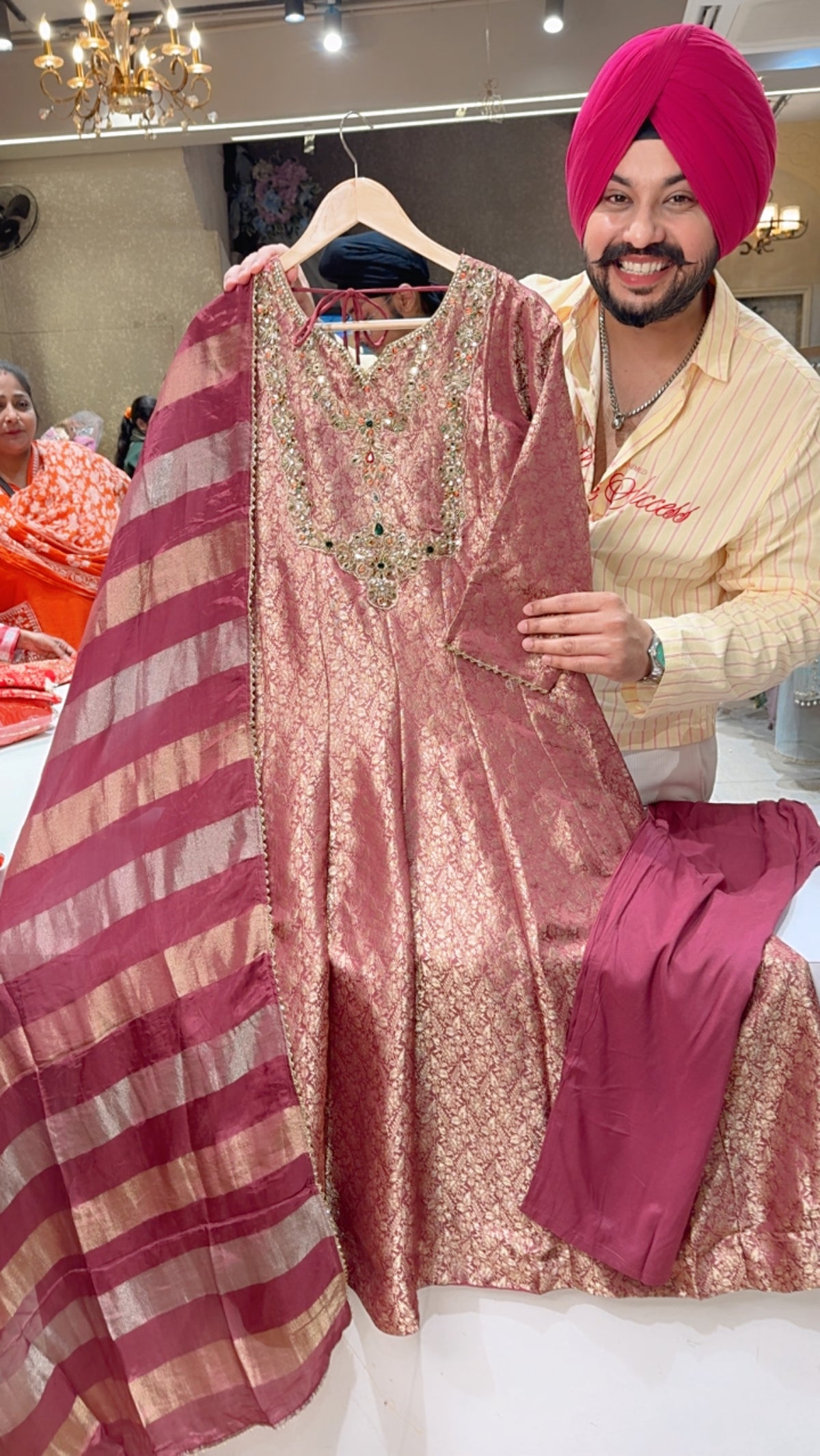 Dark Onion pink Brocade Silk Stone Hand Embroidered Full Flair Anarkali Suit