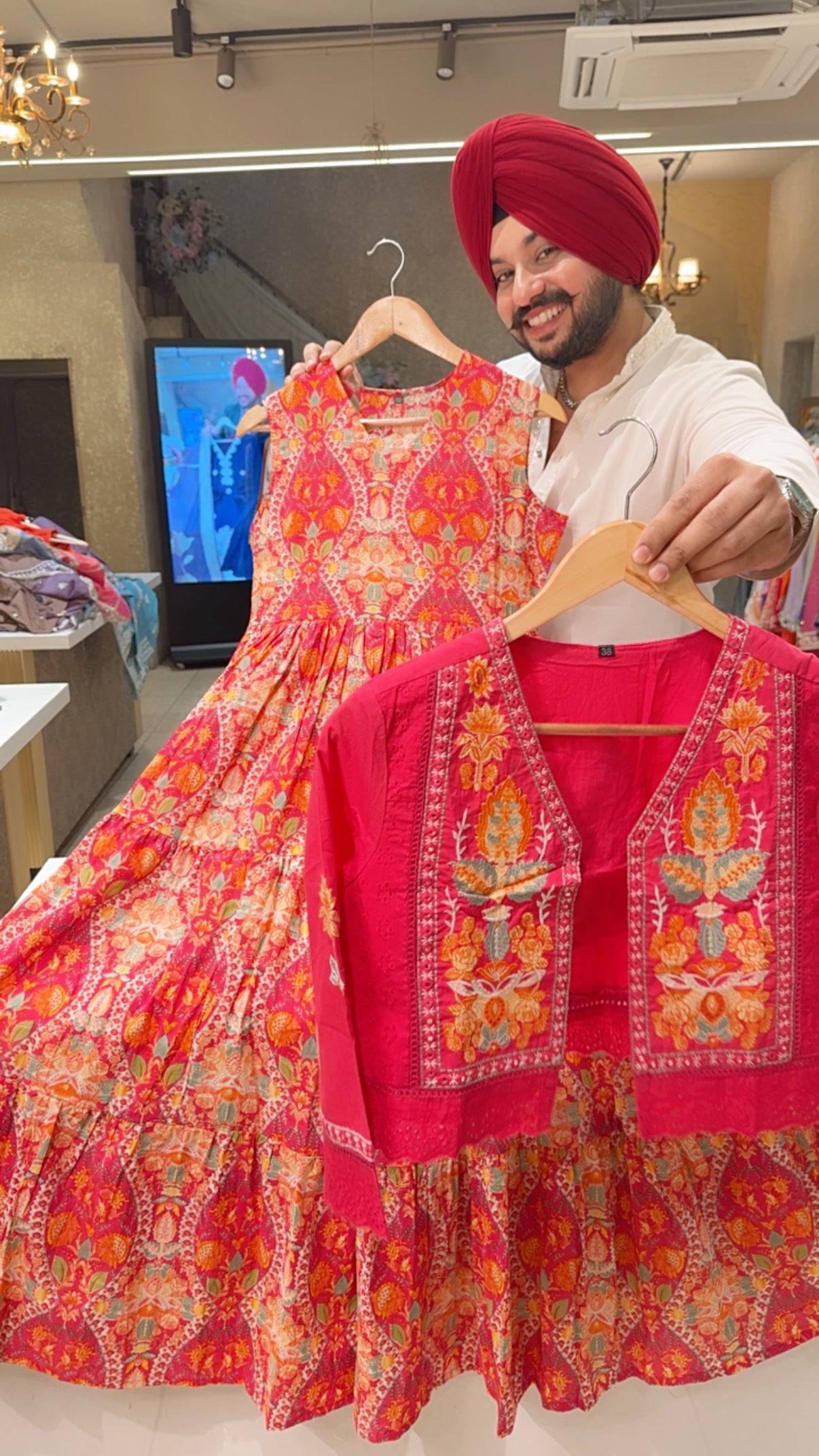 Hot pink Pure Cotton Full Flair Indowestern Dress with stylish Embroidered Short jacket