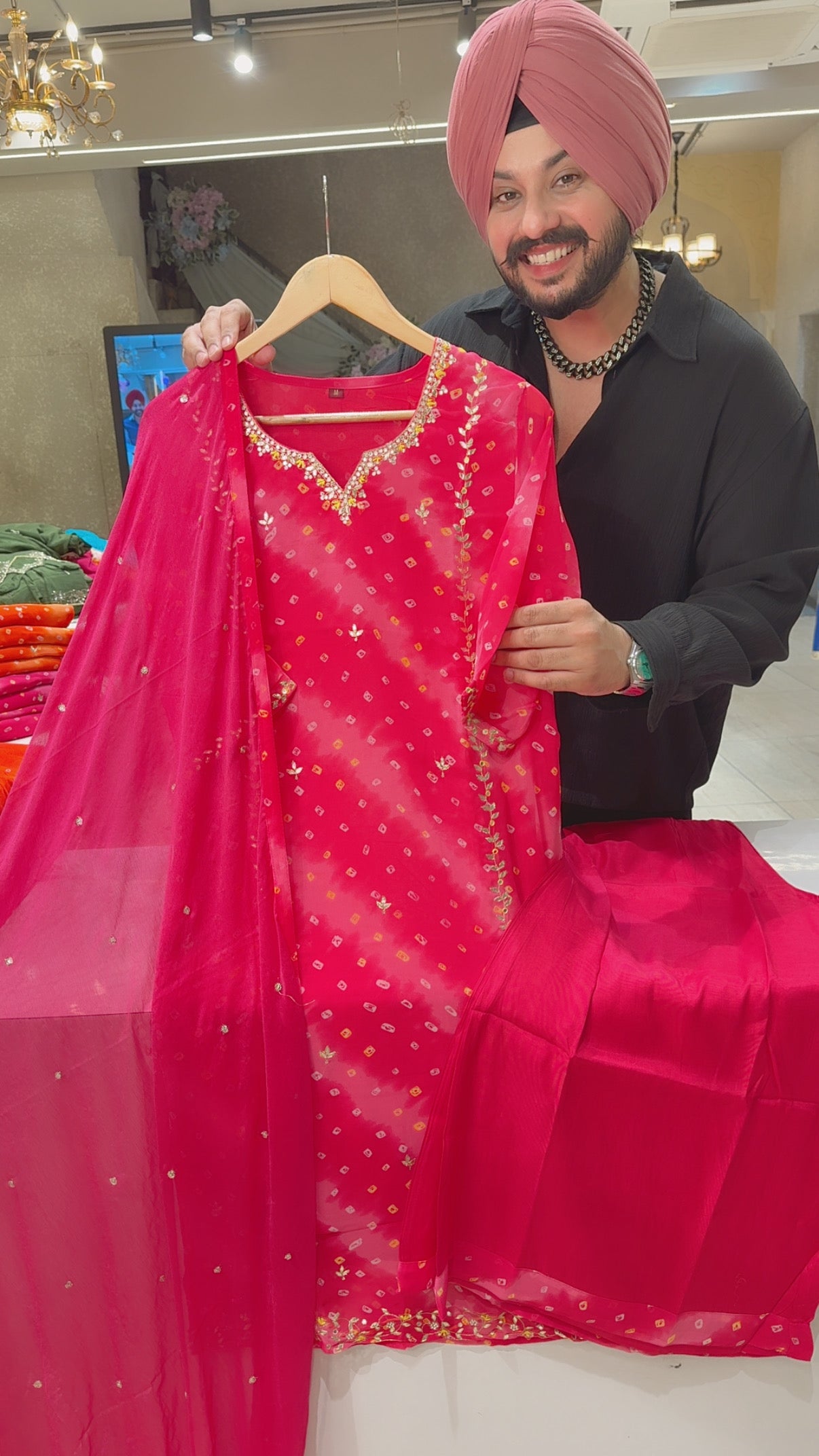 Hot Pink Chinon Bandhej Print Georgette Party Wear Plazo Suit