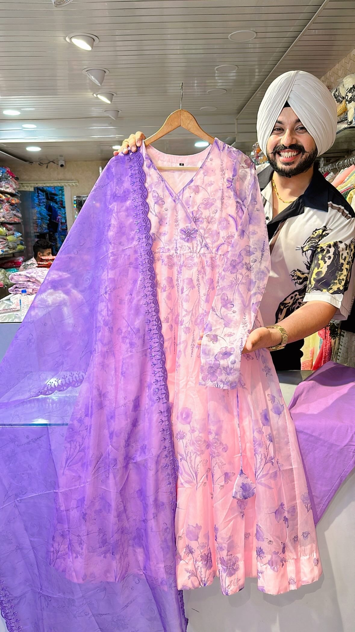 Light pink & purple organza Girlish Anarkali Suit with Embroidered Duppata