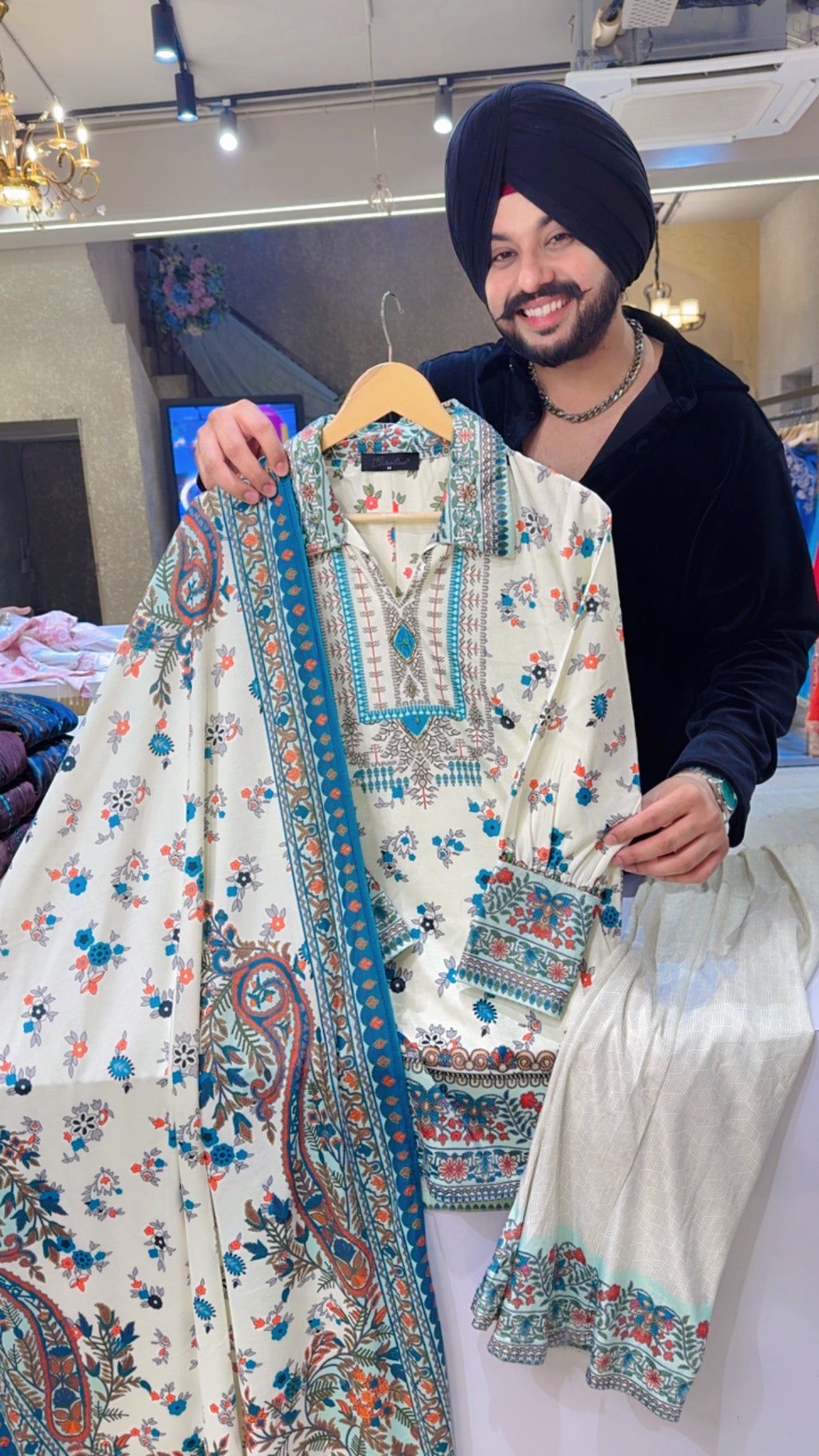 Moon White Strechable Collar Neck Floral Pront Indowestern Suit with Beautiful Velvet Duppata