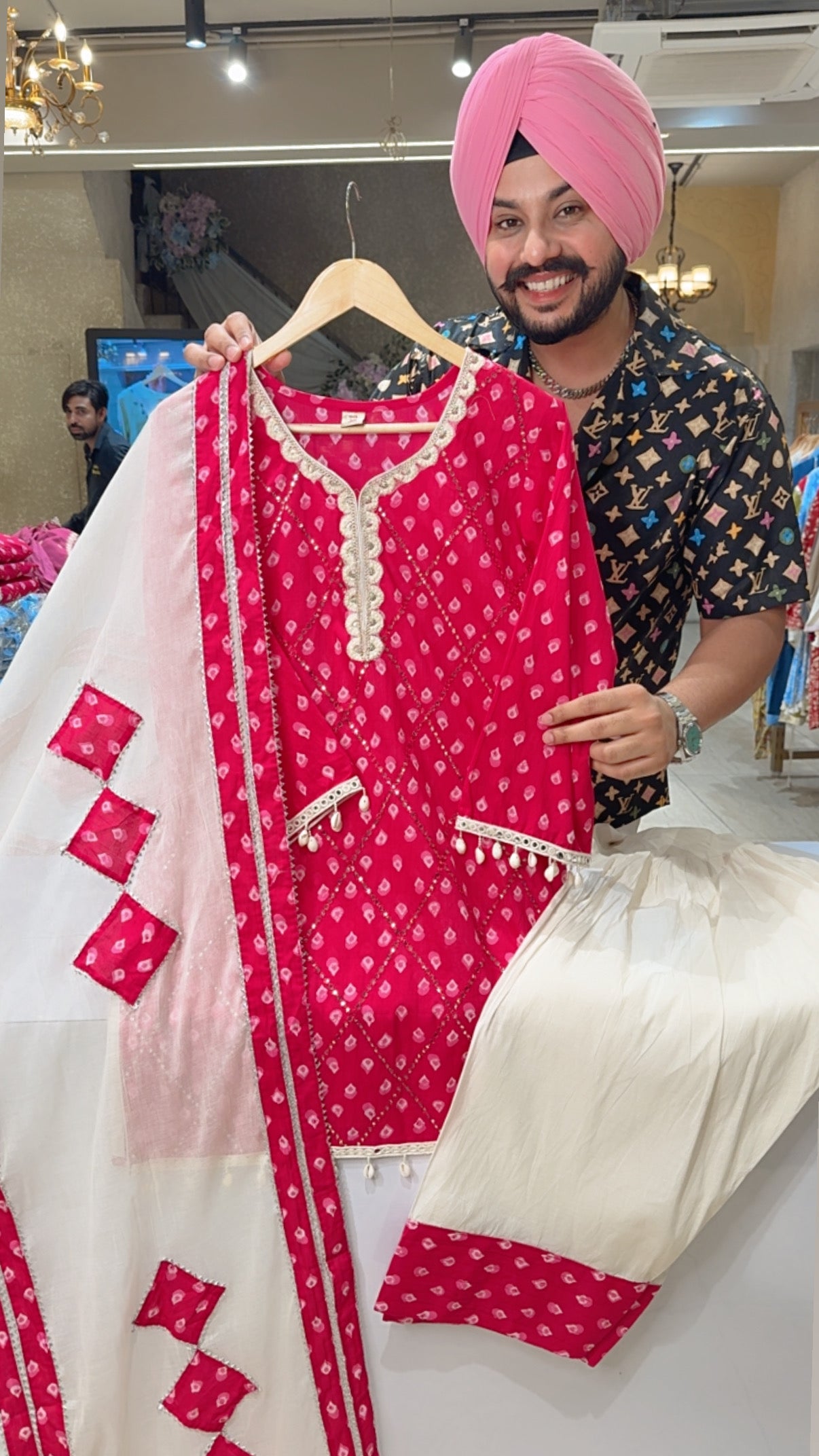 Rani Pink & Off White Semi Formal Farshi Salwar Suit with Beautiful Shell Hangings & Pearl Work on it