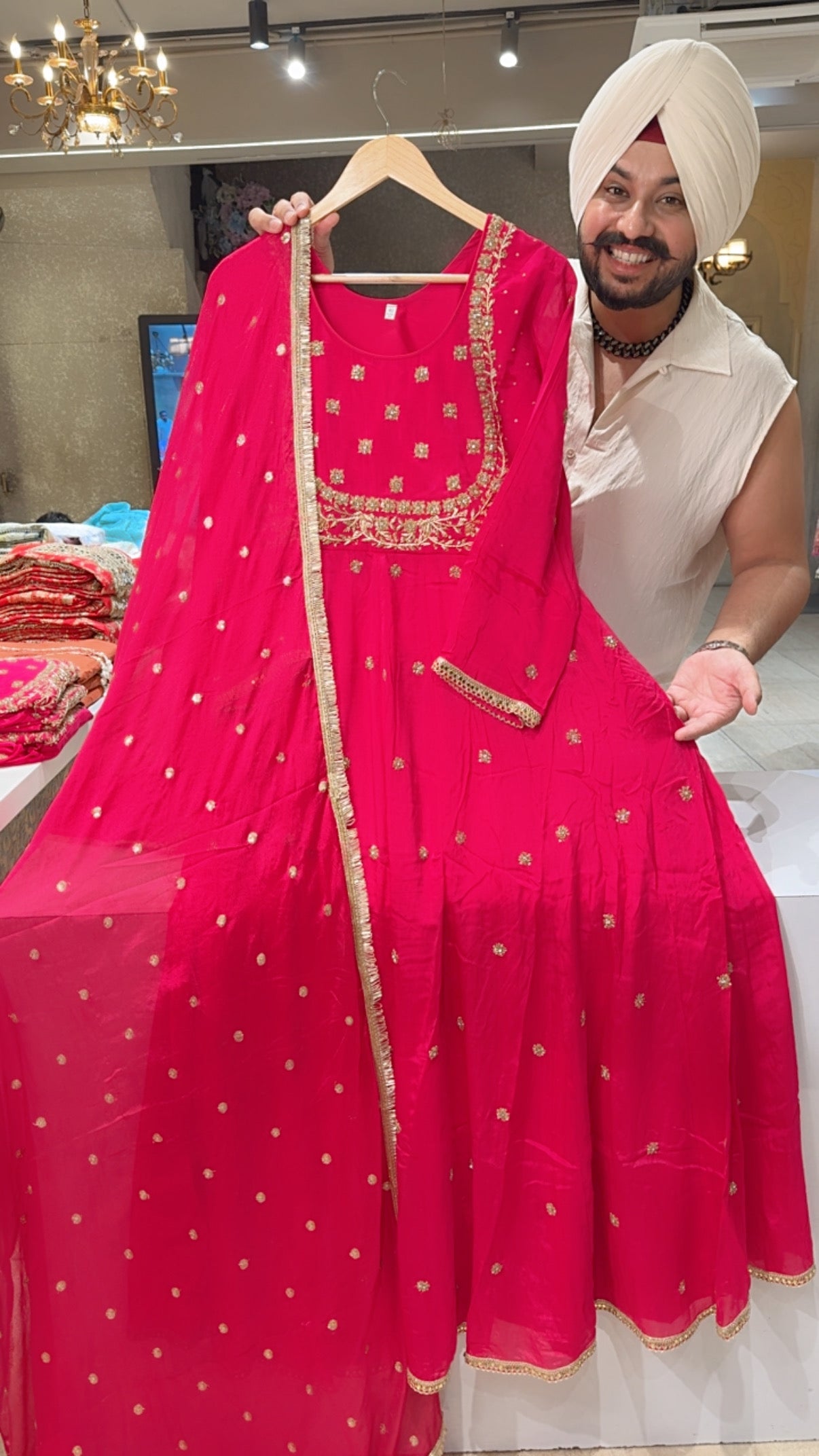 Hot pink Chinon Hand Embroidered Party Wear Full Flair Anarkali Gown with Sequins Work Duppata