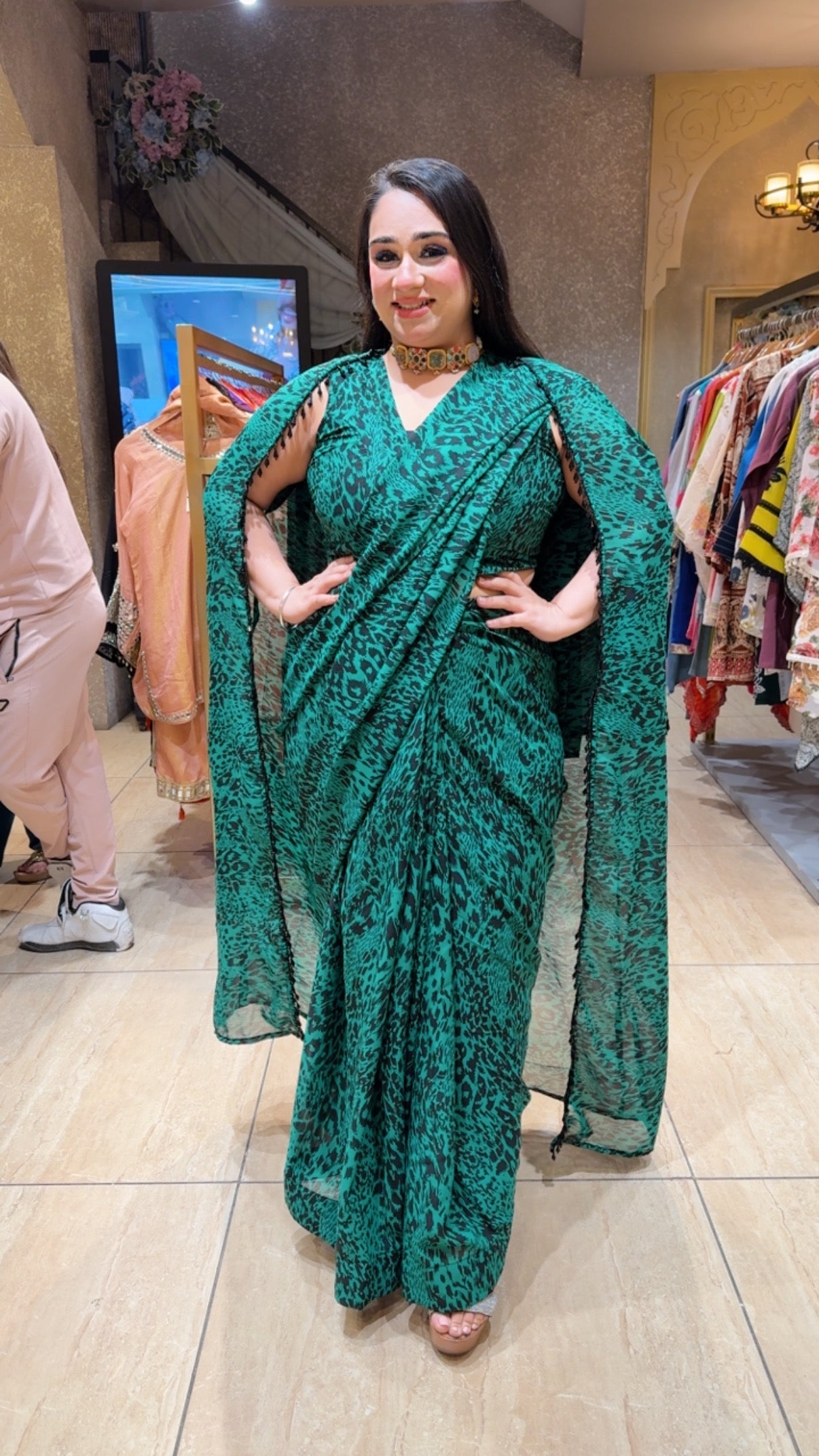 Green Leapord Print Georgette Drape Saree crop Set with Stylish hand embroidered Shrug