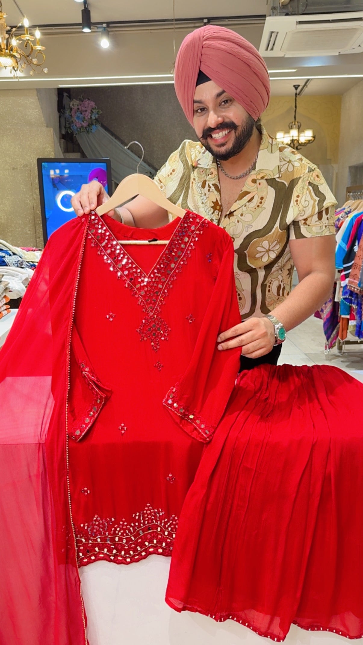 Red Chinon Heavy Mirror Work Party Wear Sharara Suit