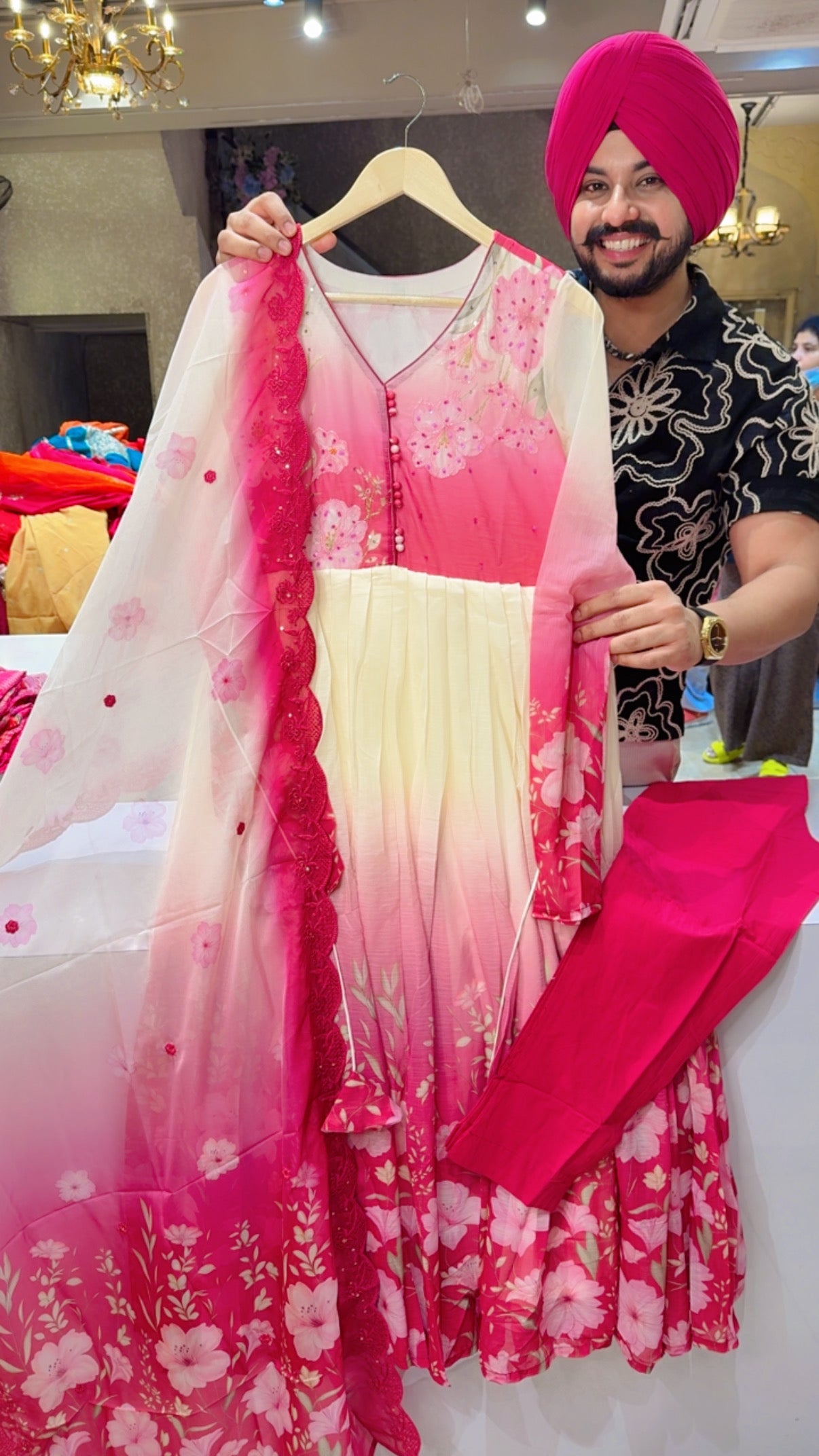 Off white & Pink Chiffon Floral Print Anarkali Suit with Beautiful Hand embroidery Work on Neck