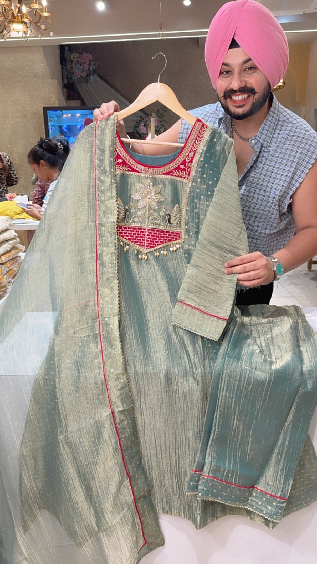 Light Seagreen Shimmer Silk Tissue Hand embroidered  A-line Partywear Anarkali Suit