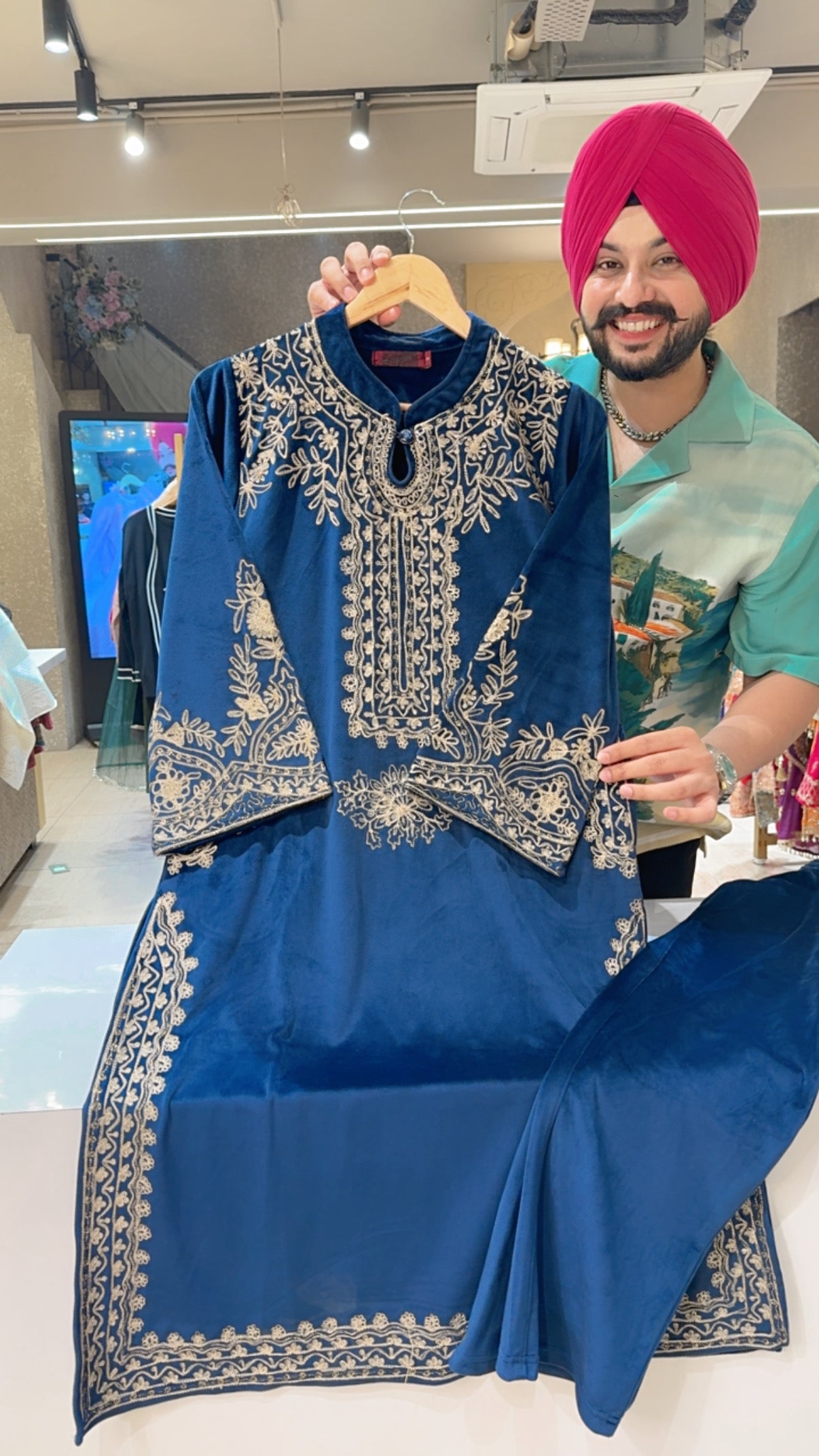 Blue Stretchable Premium Velvet Heavy Embroidered Kashmiri Long Length Coord set