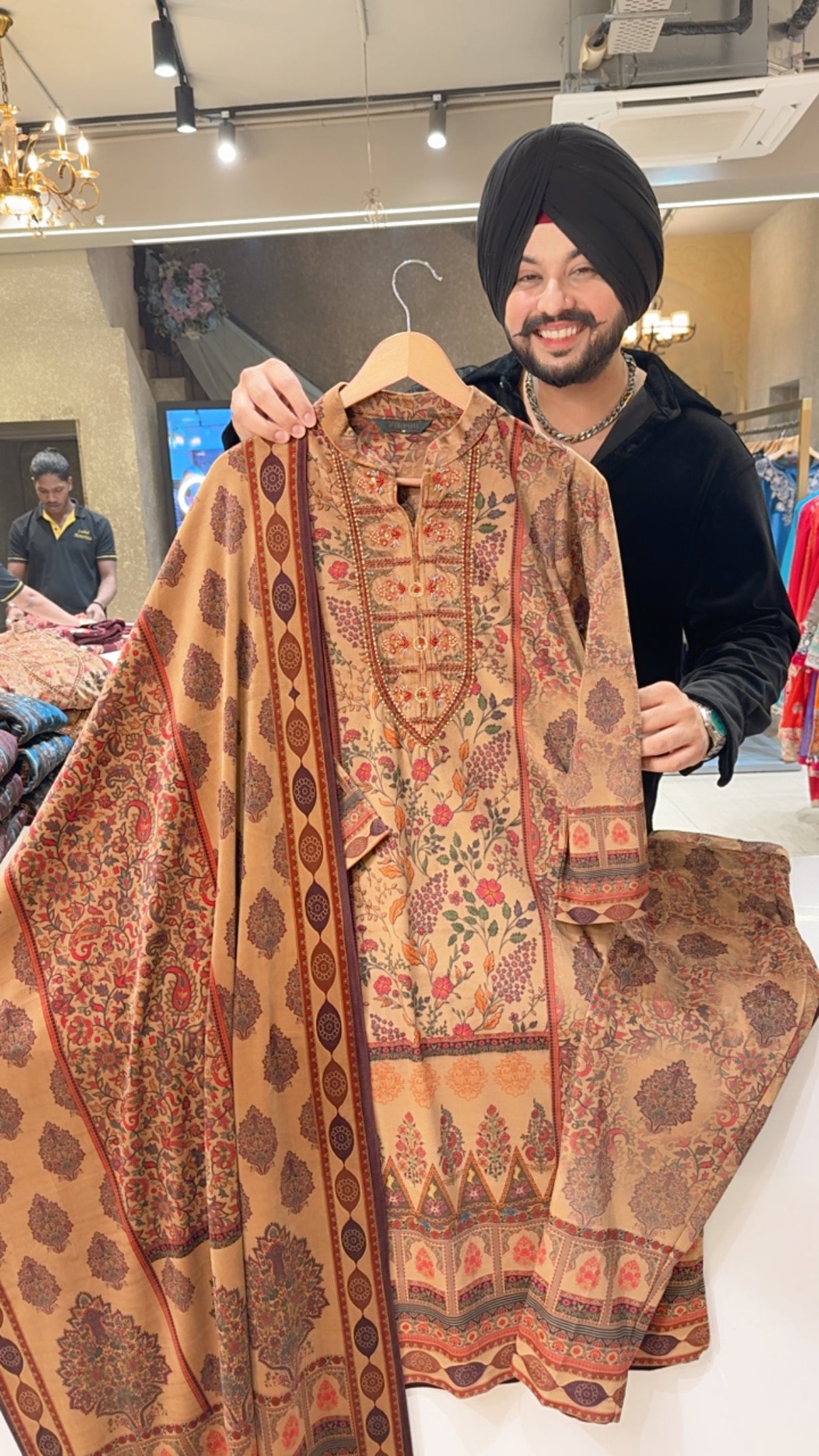 Dark Biege Premium Strechable Soft Velvet Floral Print Party Wear Royal Suit with Hand embroidery Work on neck