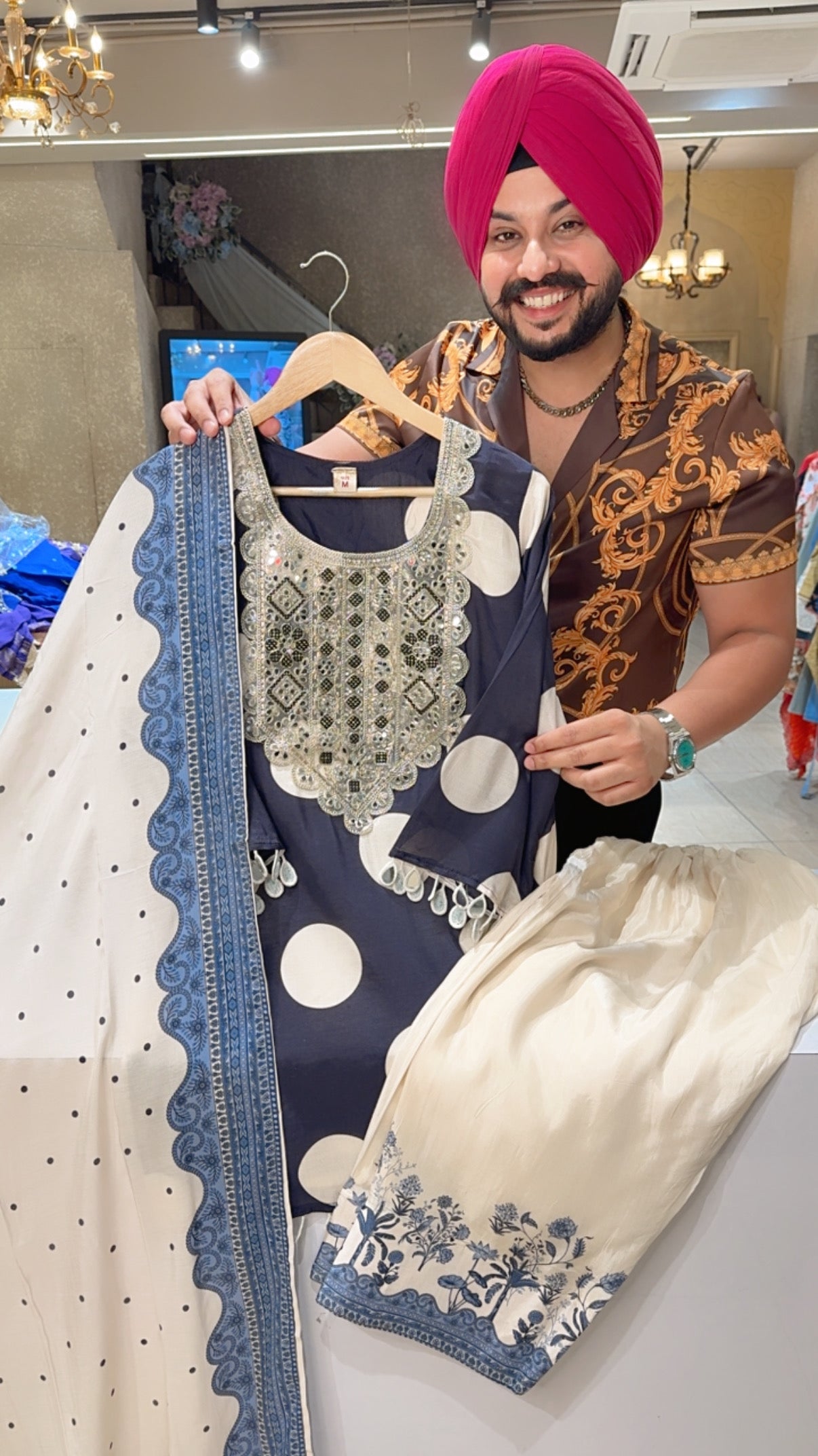 Navy Blue Muslin Silk Polka print designer Farshi Set with Heavy Mirror work on it