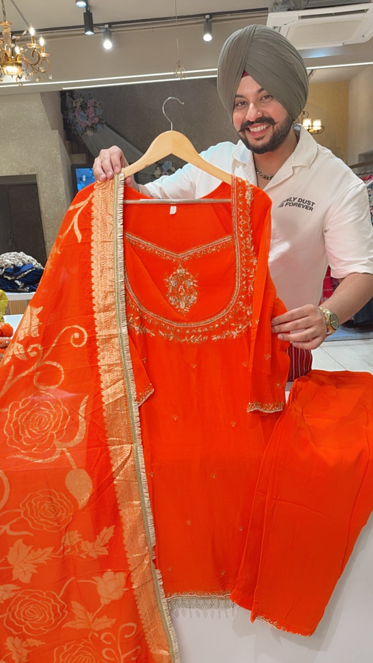 Orange premium Georgette Heavy Hand embroidered Party wear Straight Suit with Banarasi Look Duppata