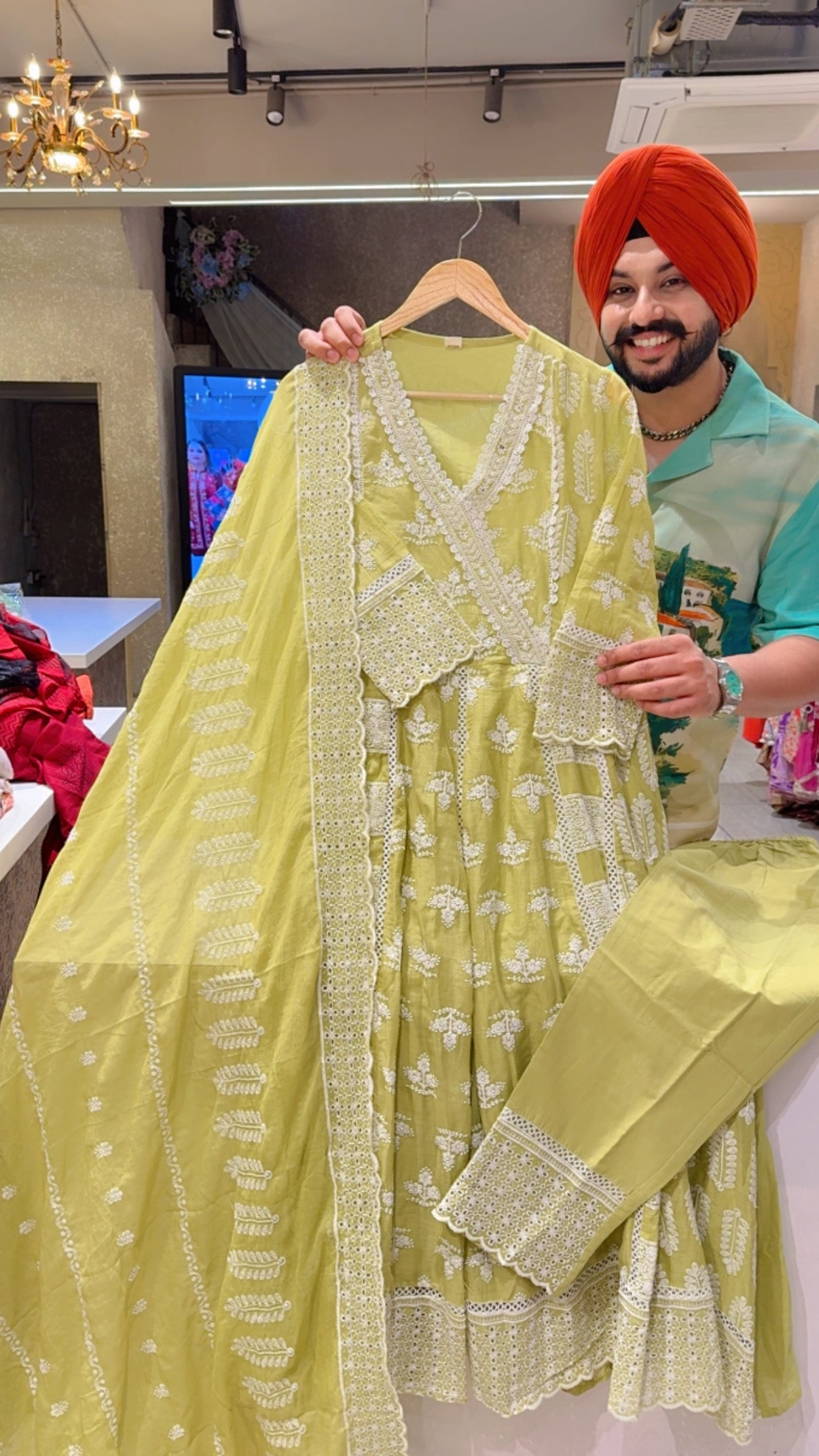 Pastel Green Mal Cotton Full Flair Fully embroidered Angrakha Anarkali suit