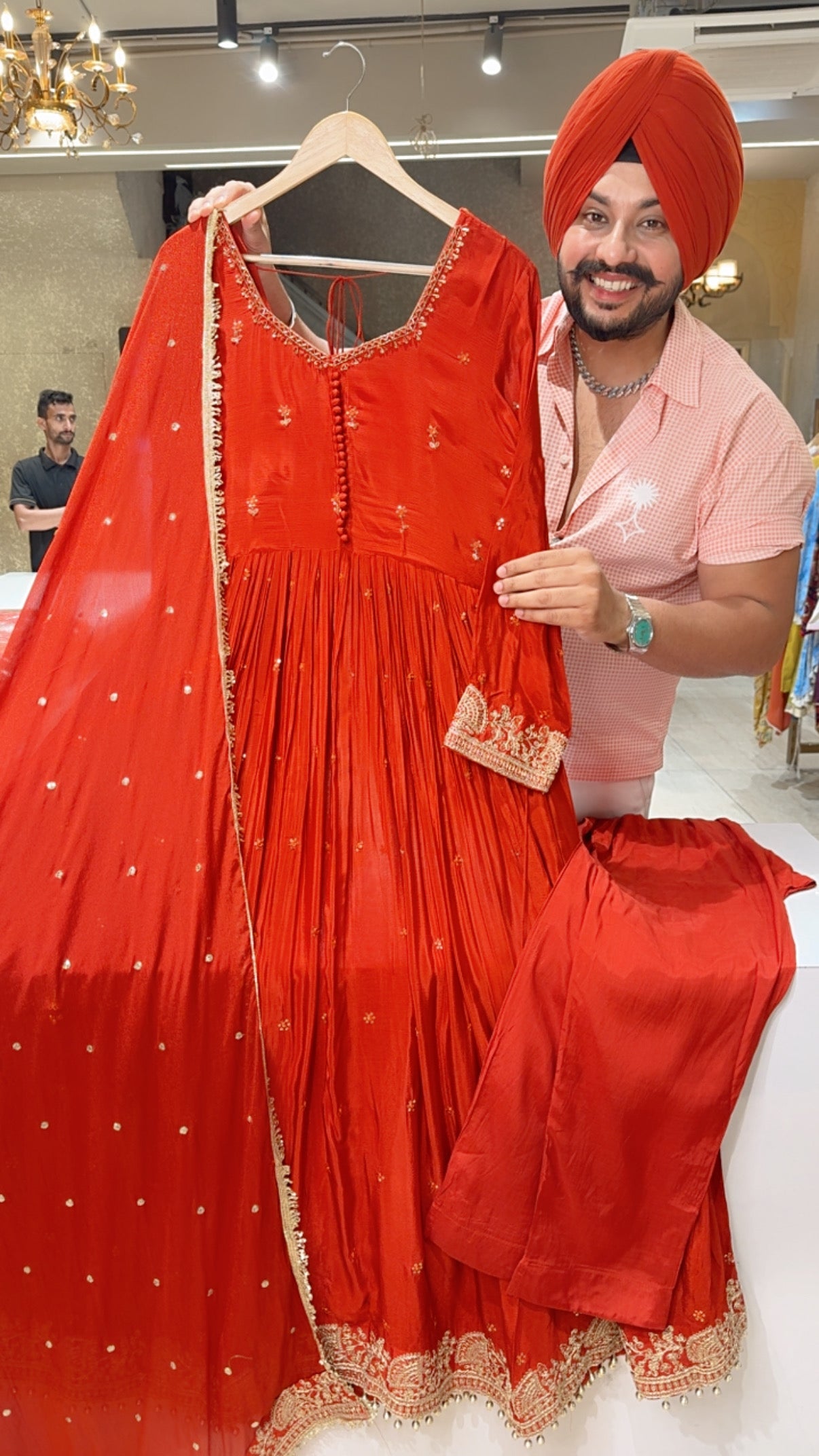 Orange Chinon Hand embroidered & Sequins Work Full Flair Party Wear Anarkali Suit