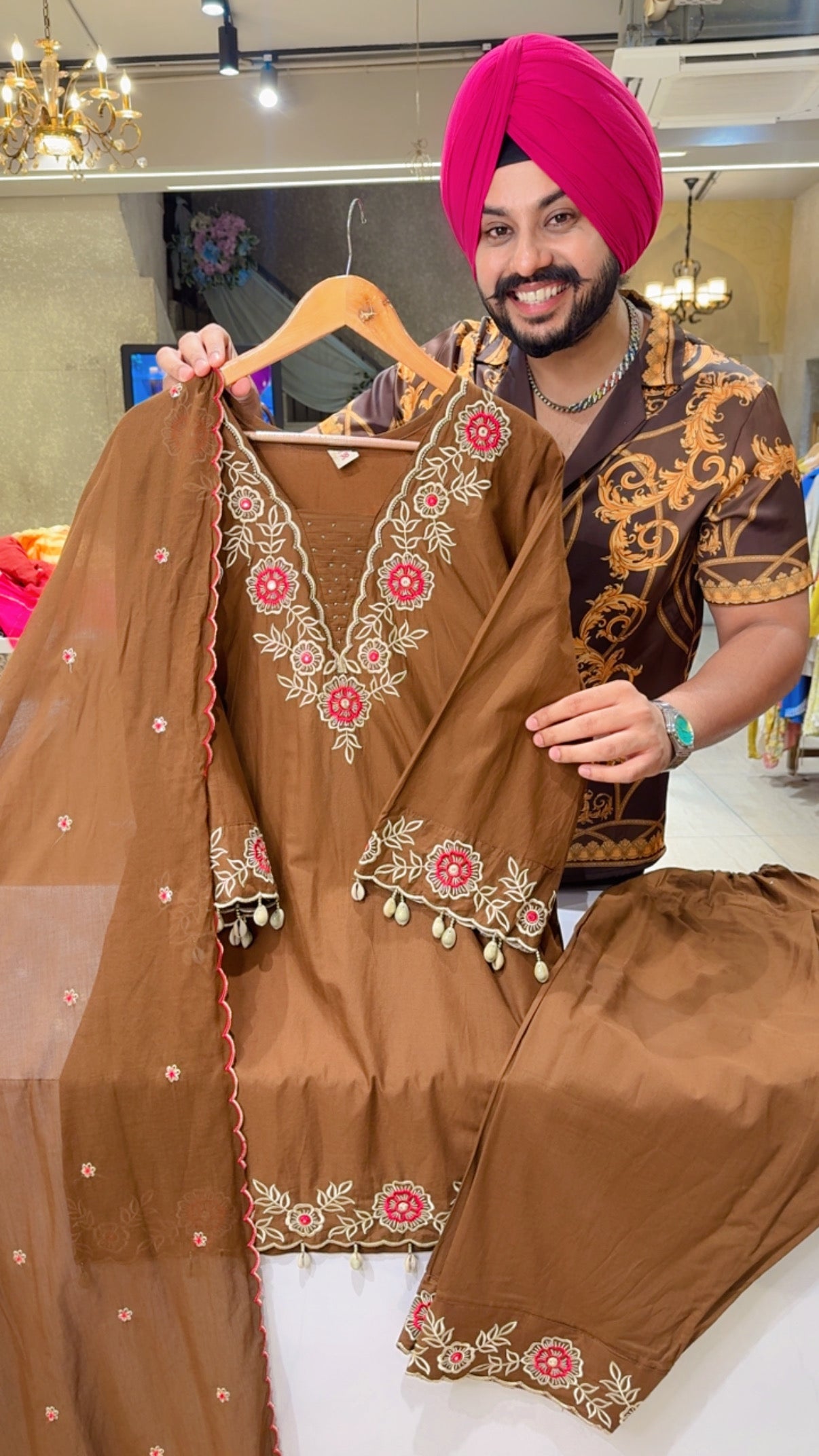 English Brown Soft Cotton Embroidered & Shell Hangings Semi Formal Farshi Salwar suit